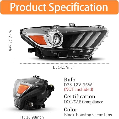 Miniatura 5 de AUTOWIKI Faros delanteros para Ford Mustang 2015-2017 con carcasa negra reflector ámbar lente transparente 2PCS