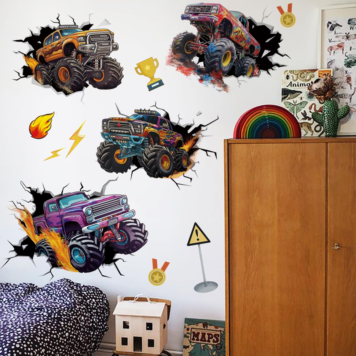 Runtoo Naklejki ścienne Monster Truck 3D Break Through Racing Cars Naklejki ścienne do pokoju chłopców Dzieci Sypialnia Dekoracja ścienna