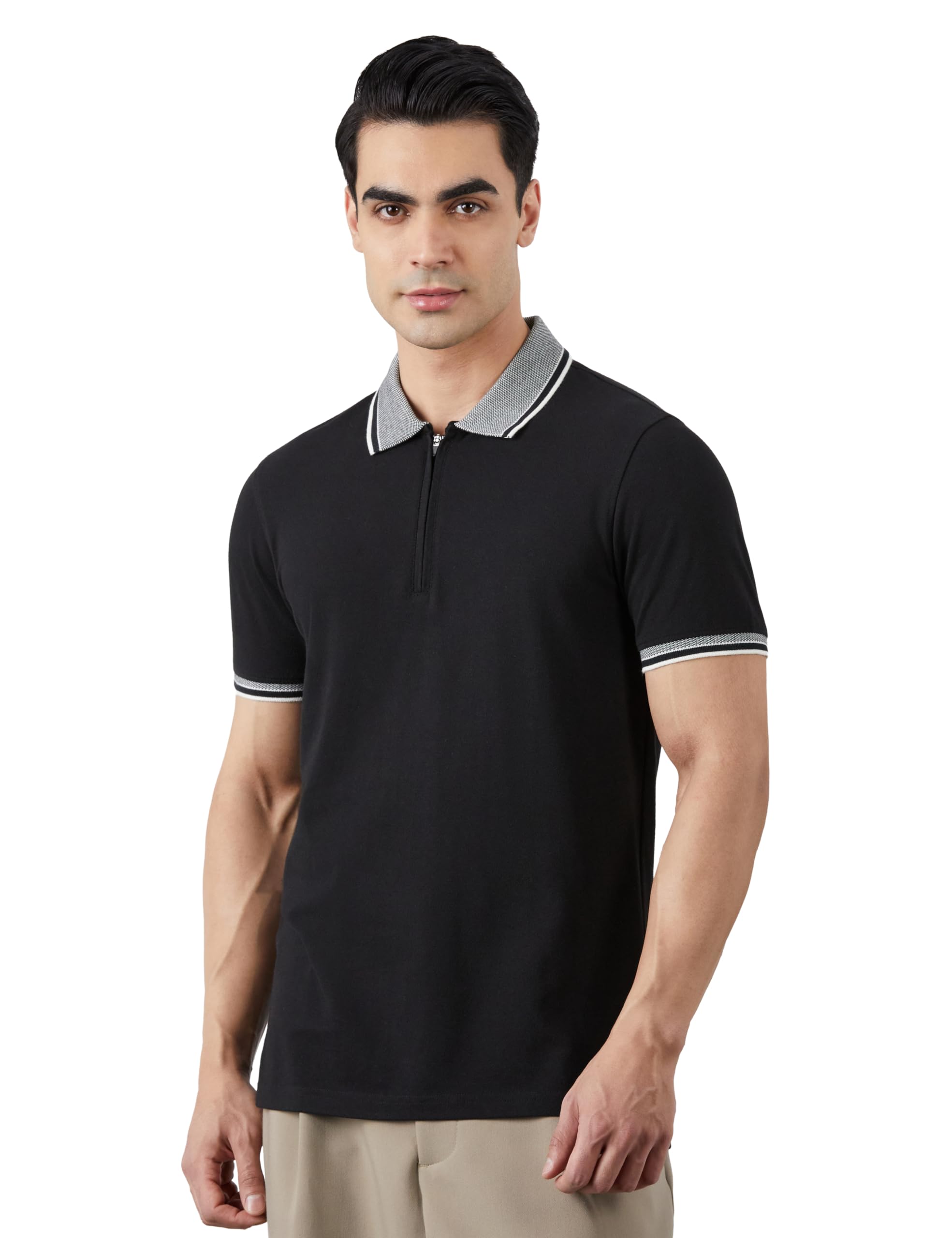 amazon brand - symbol Men's Cotton Rich Solid Zipper Polo Collar Tshirts | Half Sleeves | Plain-Regular Fit (Available in Plus Sizes)-picture-35