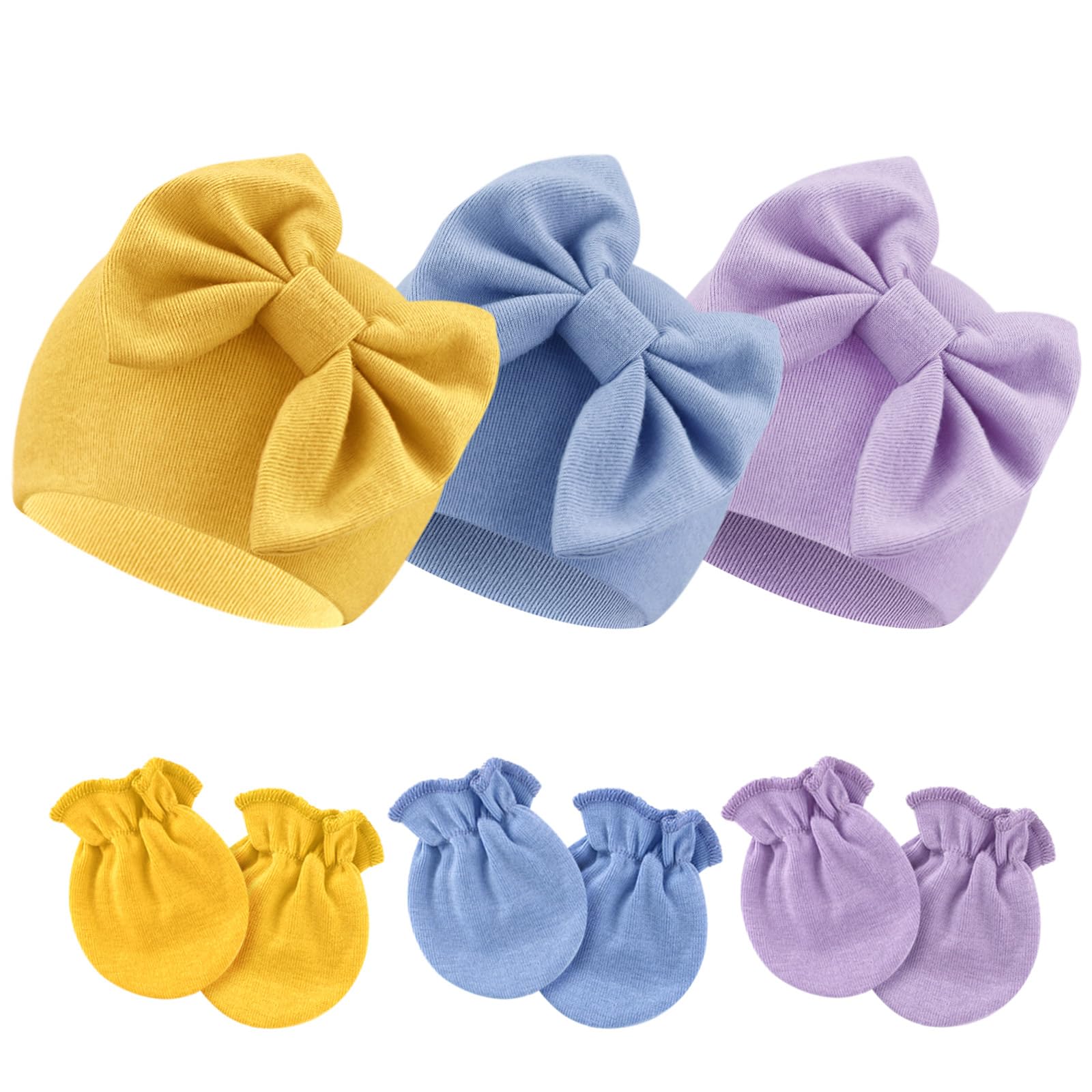 DRESHOW Newborn Baby Hats Mittens Set Hospital Hat Beanie Infant Bow Hats Baby Cotton Gloves No Scratch Mittens for 0-6 Months