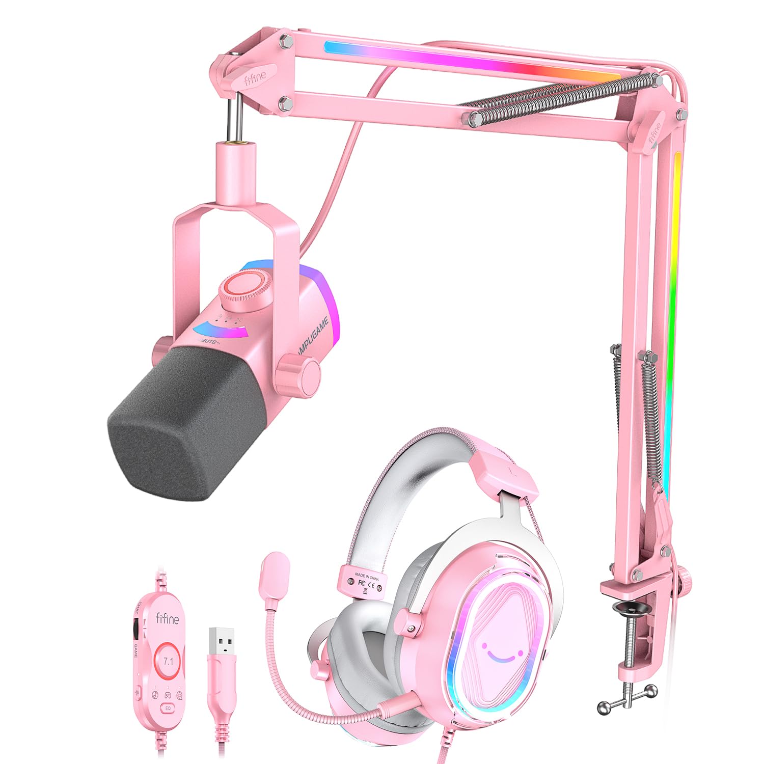 FIFINE XLR/USB Gaming Microphone with Boom Arm Stand & RGB Headset Kit, PC Streaming Mic with RGB Arm, 7.1 Surround Sound Over-Ear Headset with 4 EQ Modes, Podcast Mic Set for PS5/Laptop-AM8PROTP+H13P