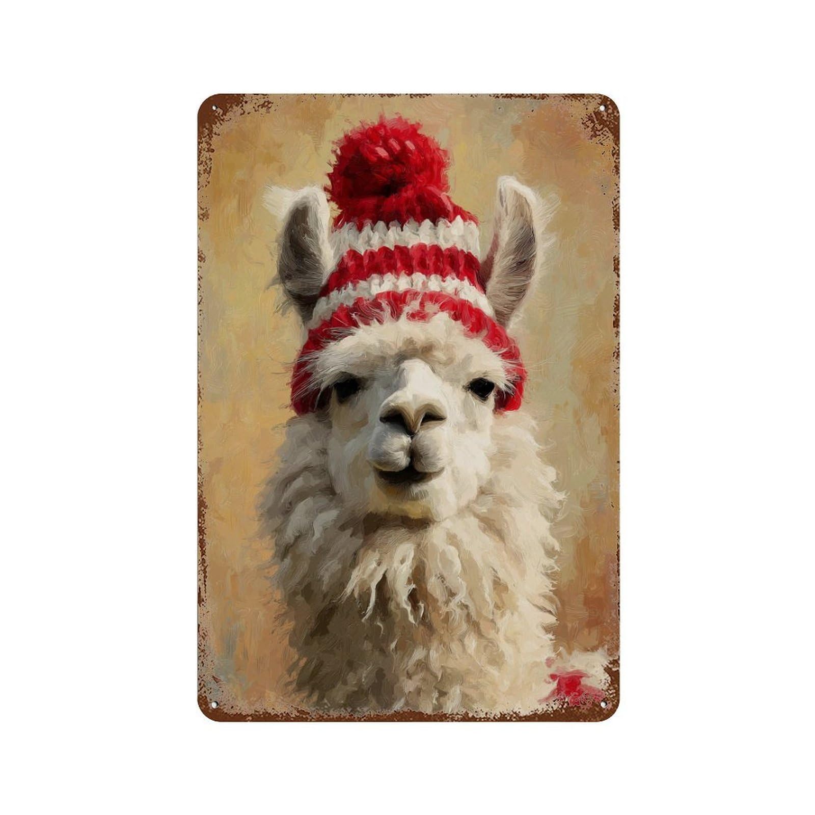 Vintage Metal Tin Sign Christmas Llama with Red Hat 11.8"x7.9", Classic Wall Plaque for Pub, Kitchen And Man Cave Decor