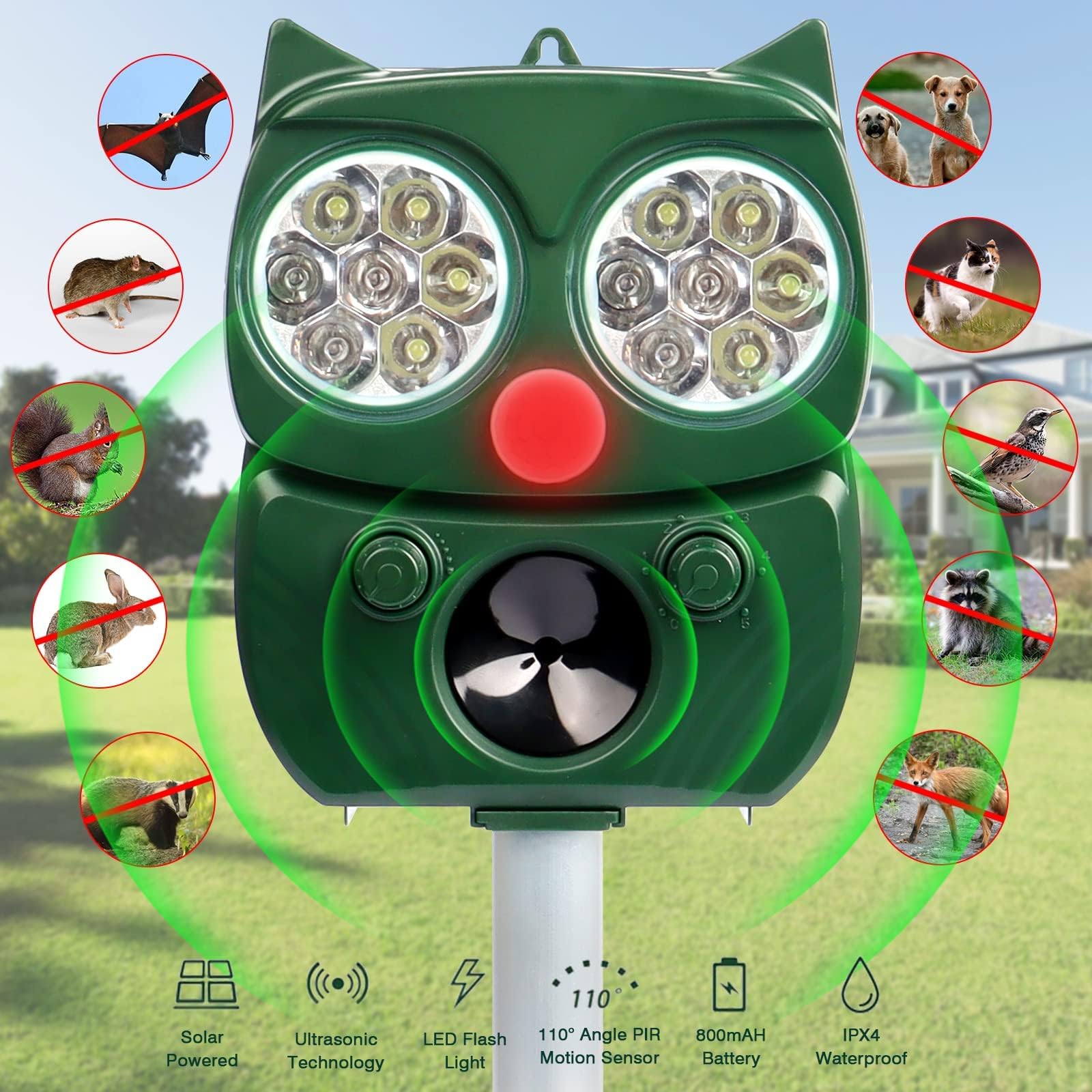 Ultrasonic Animal Repeller, Solar Powered Outdoor Squirrel Repeller, Safe Pest Repellent Waterproof Outdoor Animal Repeller Protect Farm Garden Yard Repellent for Dog, Bird, Cat, Birds (Green)