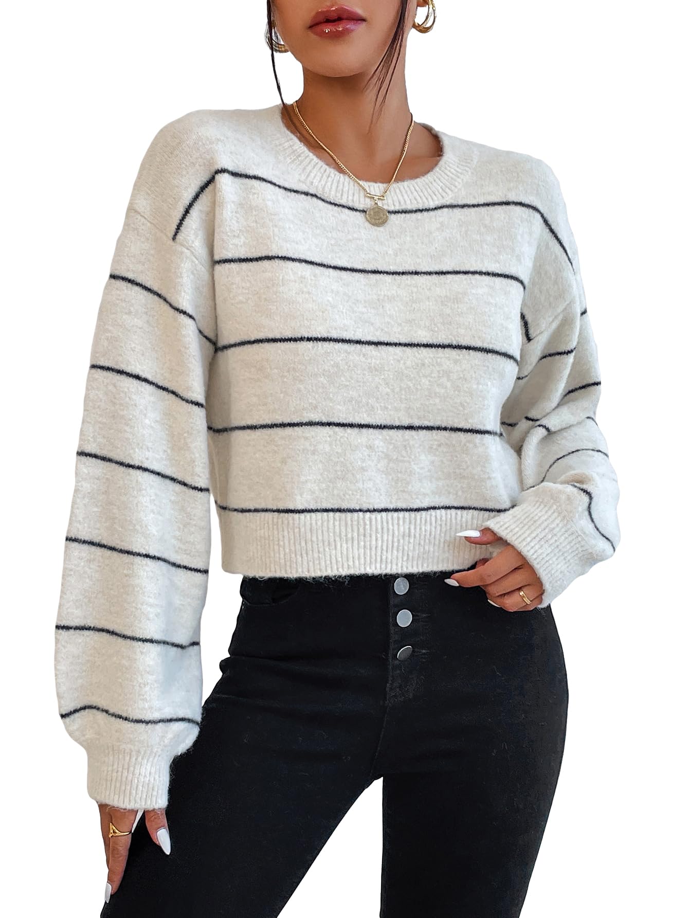 Milumia Womens Striped Knit Cropped Sweater Long Puff Sleeve Crewneck Casual Pullover Tops