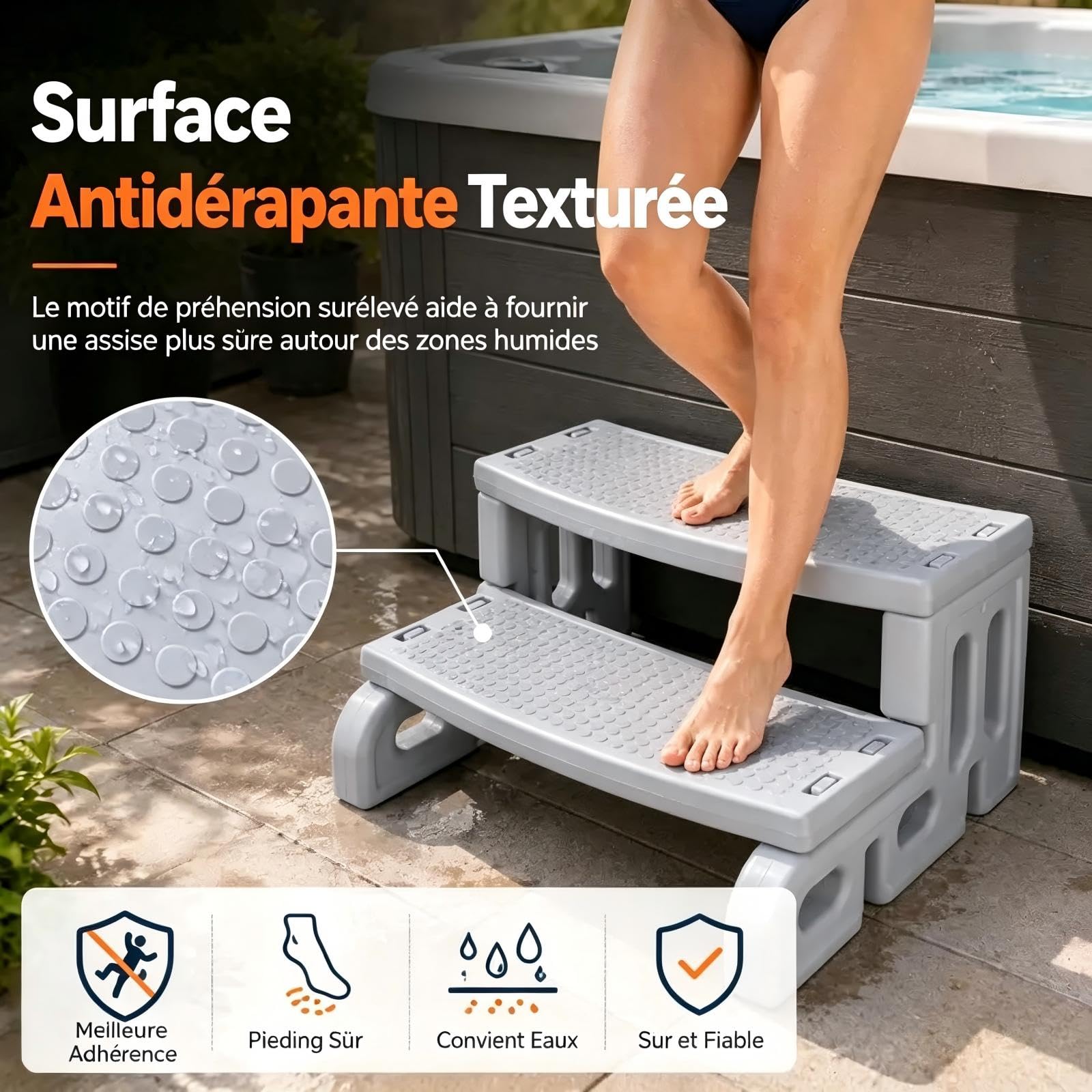 Whirlpool Escalier à 2 marches antidérapant Portable Universel en Plastique pour l'extérieur