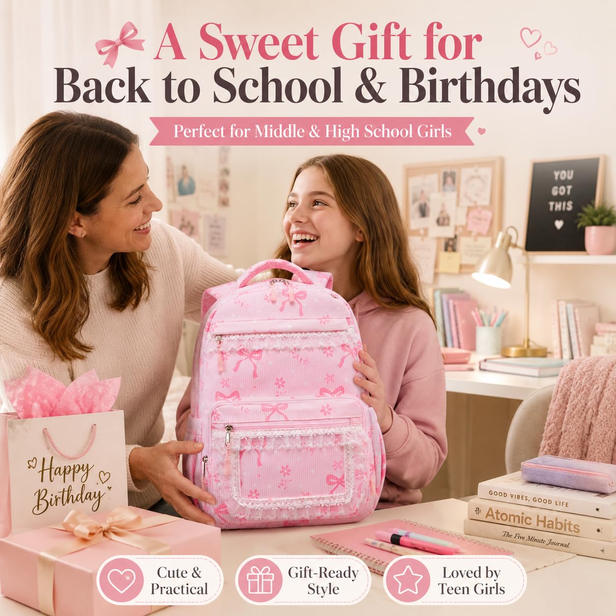 LEDAOU Rucksack für Mädchen, Schultasche, Kinder, Büchertasche, Teenager-Rucksack-Set, Tagesrucksack mit Lunchtasche und Federmäppchen, A-Spitze Schleife Rosa, 17.3"H x 12.2"L x 5.9"W | Kinder