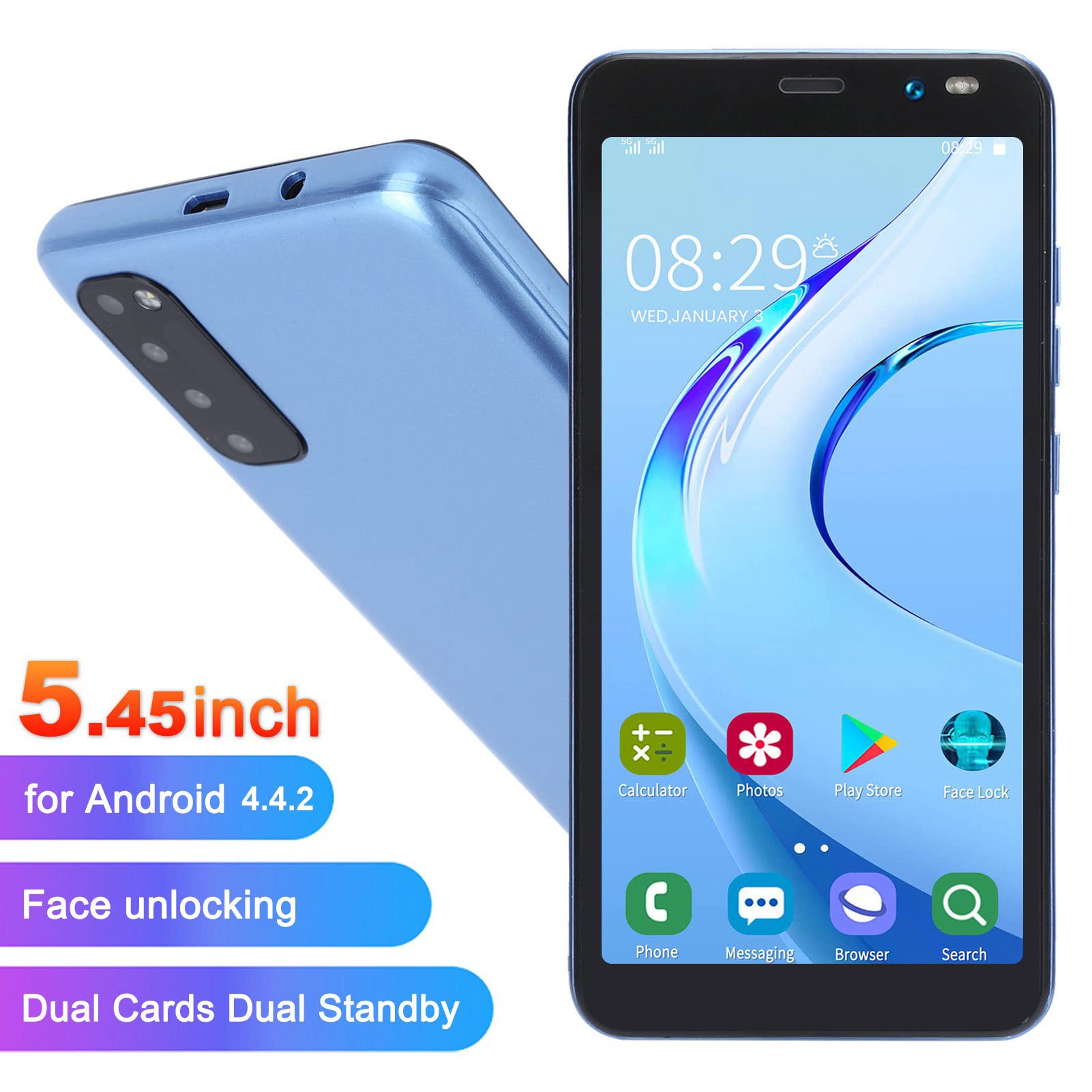 Smartfon Rino4 Pro, 5,45 Cala Z Odblokowaniem Twarzą, Podwójne Karty, Podwójny Tryb Gotowości MTK6572, Dwurdzeniowy Procesor, Rozdzielczość 460 X 960, Smartfon 512 MB I 4 GB(Niebieski)