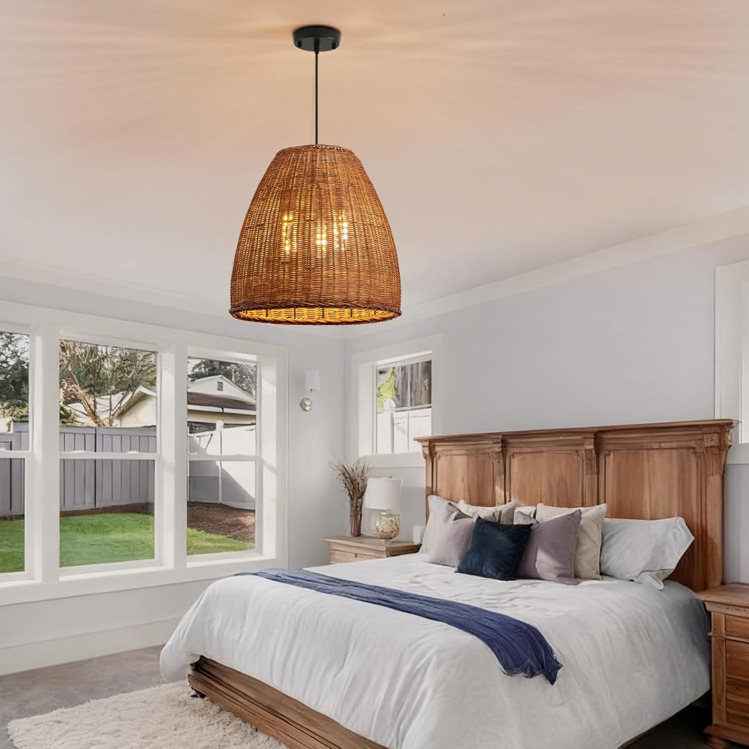 Farmhouse Rattan Chandelier 16.6" 3-Lights Boho Hand Woven Pendant Lights Wicker Dining Room Light Coastal Hanging Lighting Fixtures for Living Room Bedroom Kitchen Sink Restaurant Entryway Foyer