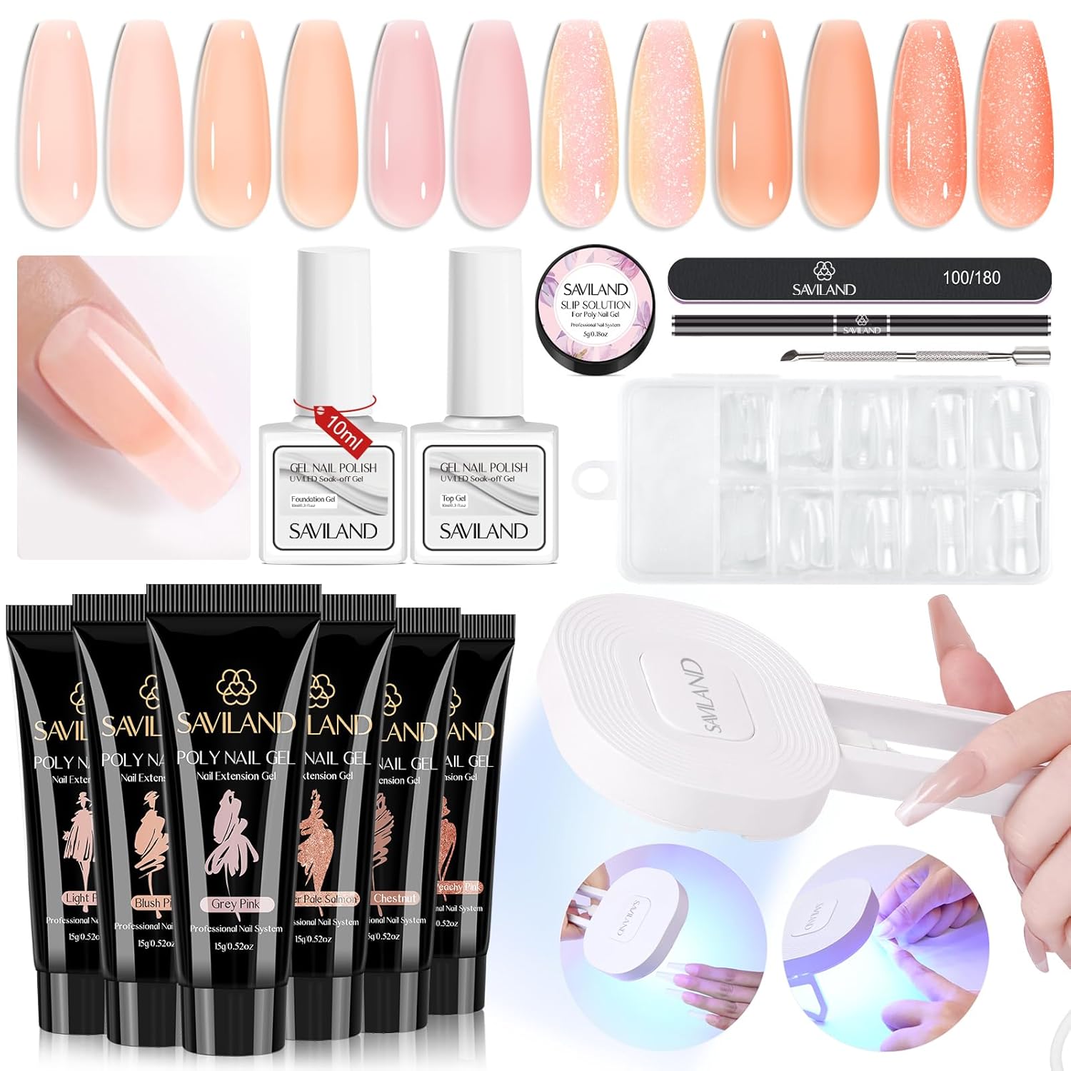 Saviland All-in-1 Poly Gel Nail Kit：6 PCS Nail Extension Kit with 220W U V Light Slip Solution Base & Top Gel Dual Forms U V Gloves for Home Salon