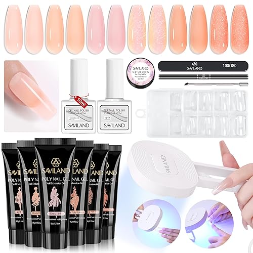 SAVILAND Kit de uñas de poligel, gel de extensión de uñas de 6 colores con mini lámpara LED U V portátil de mano de 36 W para curado, herramientas
