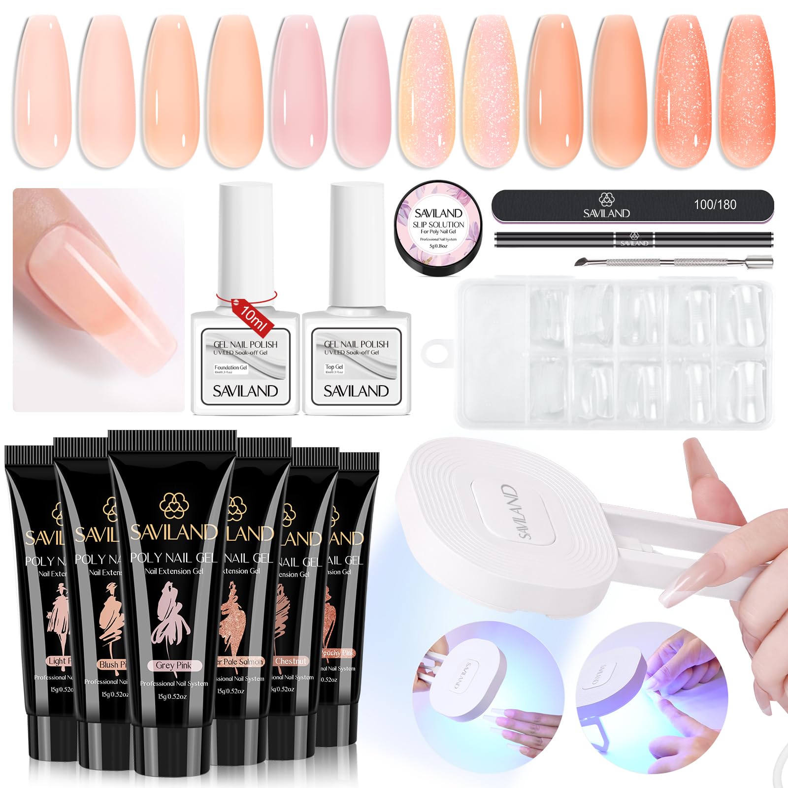 SAVILAND Poly Gel Nail Kit - 6 Colors Nail Extension Gel with 36W Portable Handheld Mini U V LED Lamp for Curing, All-In-1 Nail Art Tools French