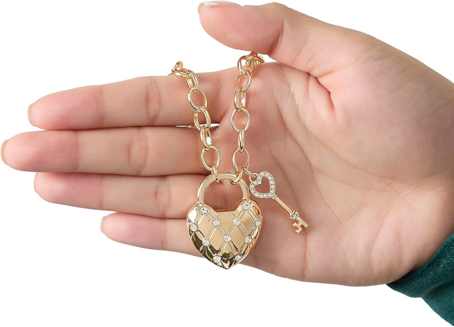 Juicy Couture Quilted Heart And Key Necklace for Women 18"+2", Gold-Tone with Clear Crystals, Valentines Gifts for Her - Image 4