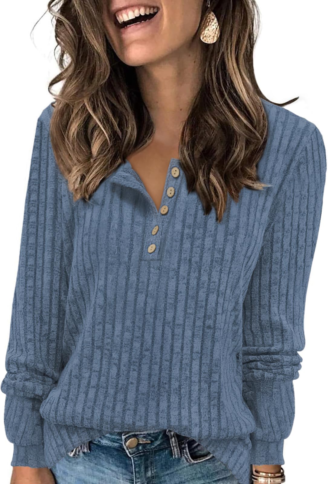 Tanmolo Damen Leichte Strickpullover Langarm Henley Shirt Herbst lässig Rundhals-Knöpfe Elegant Sweatshirt Tunika Tops