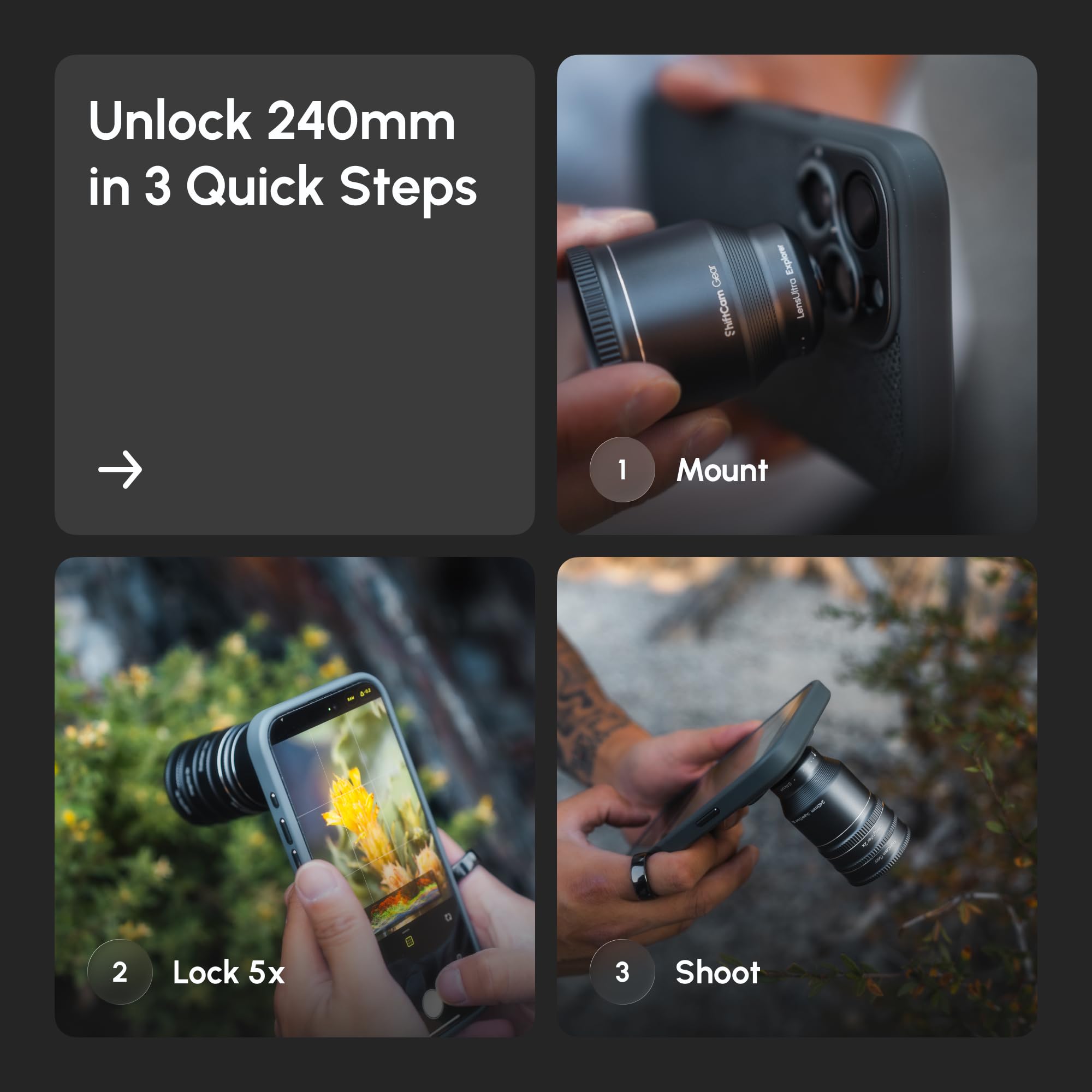 ShiftCam LensUltra 240 mm Super Zoom Teleobjektiv-Set für iPhone & Android – 240 mm Teleobjektiv + 4 Makrokonverter + 3 Filter – Komplette Weitreichweite + Nahaufnahmen für Distanz- und