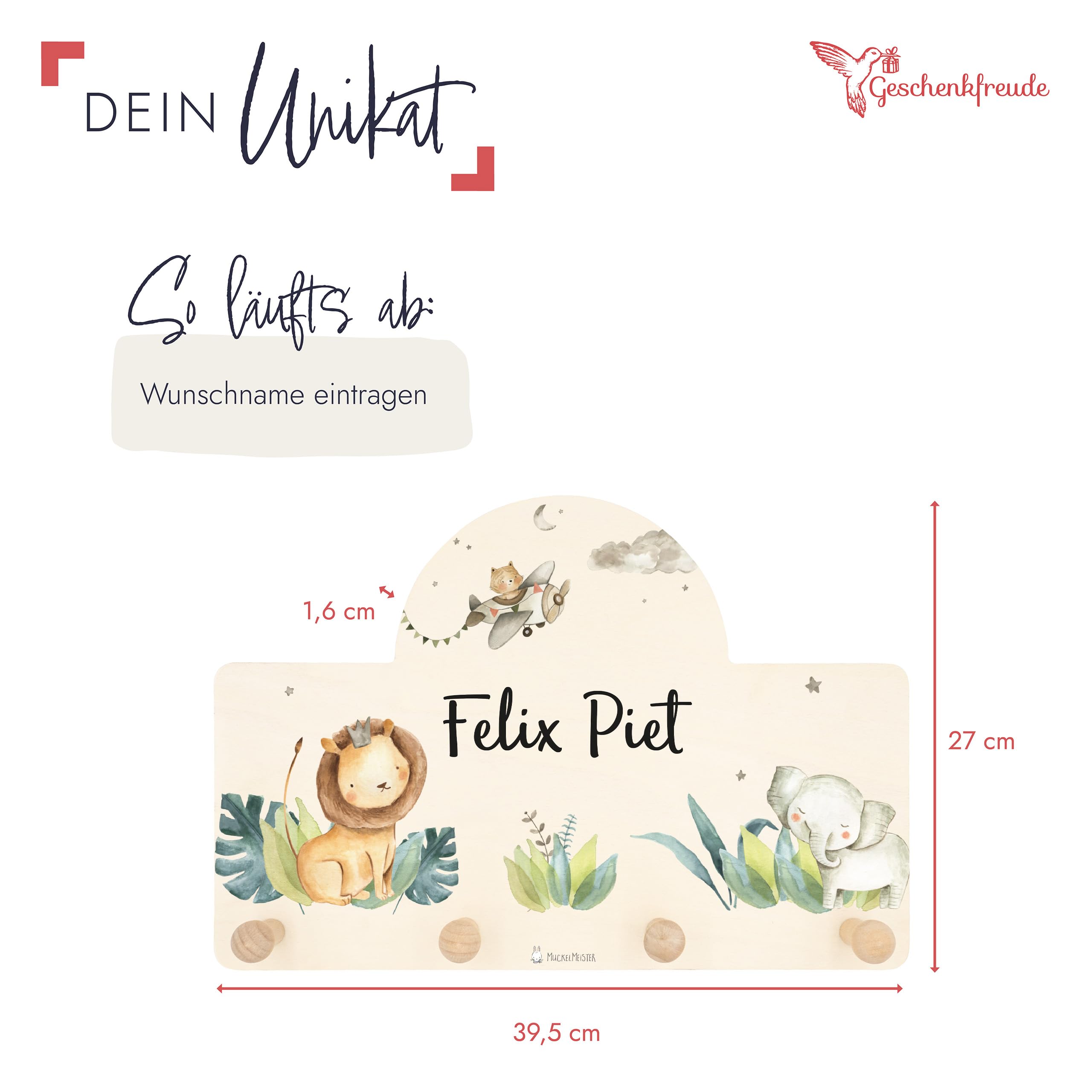 Geschenkfreude Personalsierte Kindergarderobe mit Namen aus Holz - Kinder Garderoben Löwe einzigartige Kinderzimmer Deko - individuelle Wandgarderobe - Baby Garderobe - Kleiderhaken