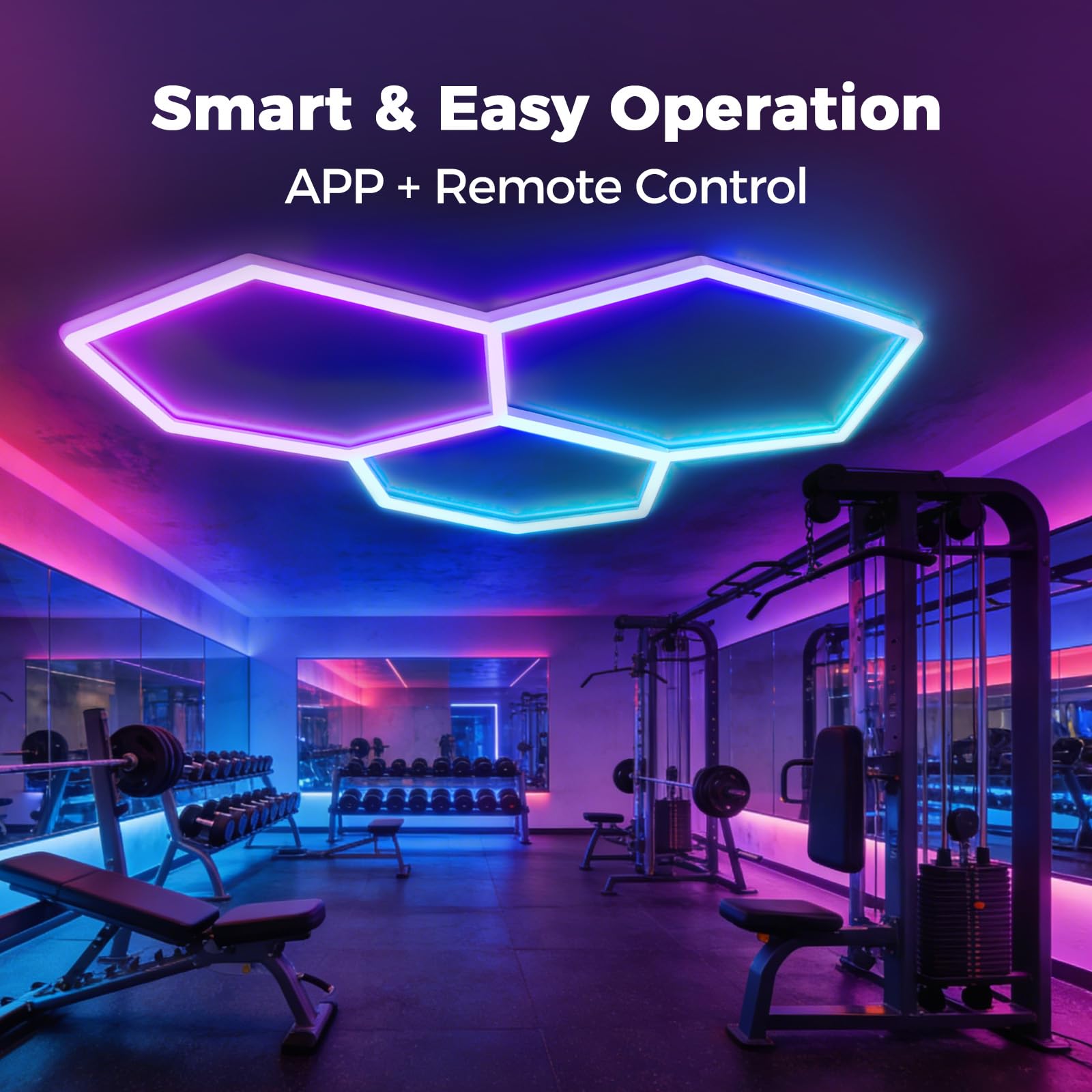 RGB LED Hexagon Deckenleuchte 3 Hex 144W dimmbare Garagenlampe | Musik-Synchronisationsmodus, App- & Fernbedienung Farbwechsel Wabenleuchte für Gaming-Zimmer Fitnessstudio Garage Bars Partei