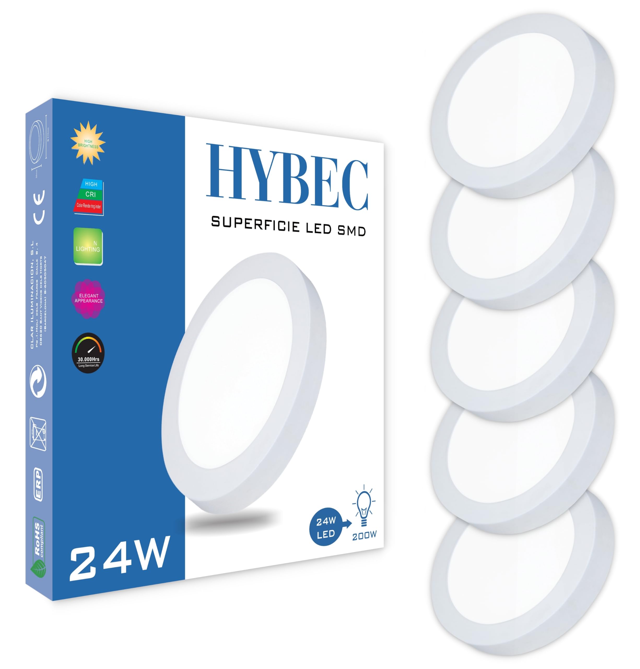 CLAR HYBEC - Downlight Techo Superficie 24W, Focos Interior, Plafón LED, Blanco Neutro 4000Kº (Pack 5)