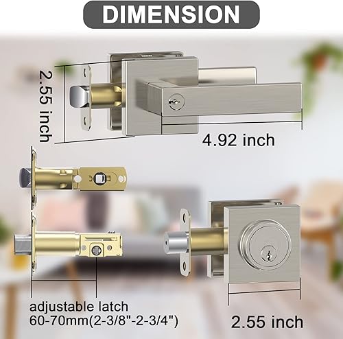 Miniatura 2 de BAOLONG Juego de 2 pomos de puerta y cerrojo para puerta delantera con un solo cilindro níquel satinado con llave similar, 2 unidades, reversible