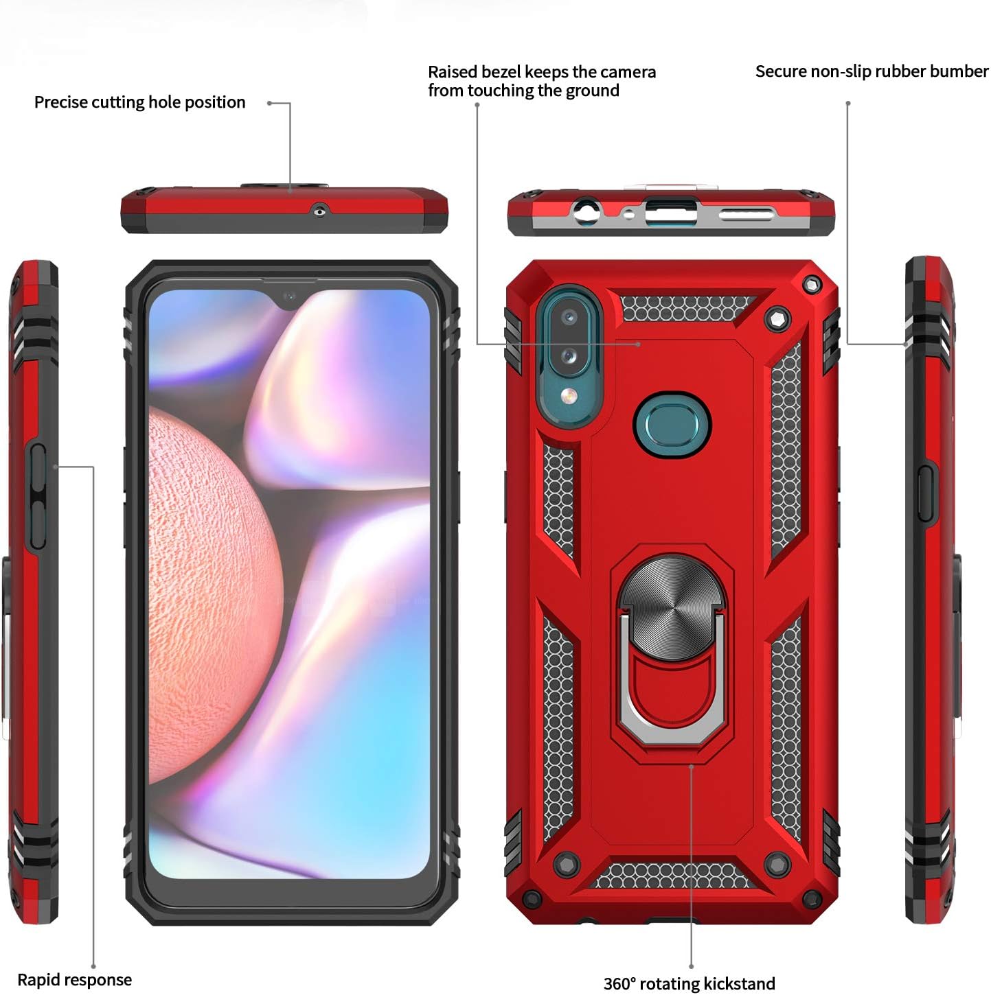 LeYi Compatible for Samsung Galaxy A10S Case (Not Fit A10) with [2 Pack] Tempered Glass Screen Protector,Military-Grade Protective Phone Case with Car Ring Holder Kickstand for Samsung A10S Red