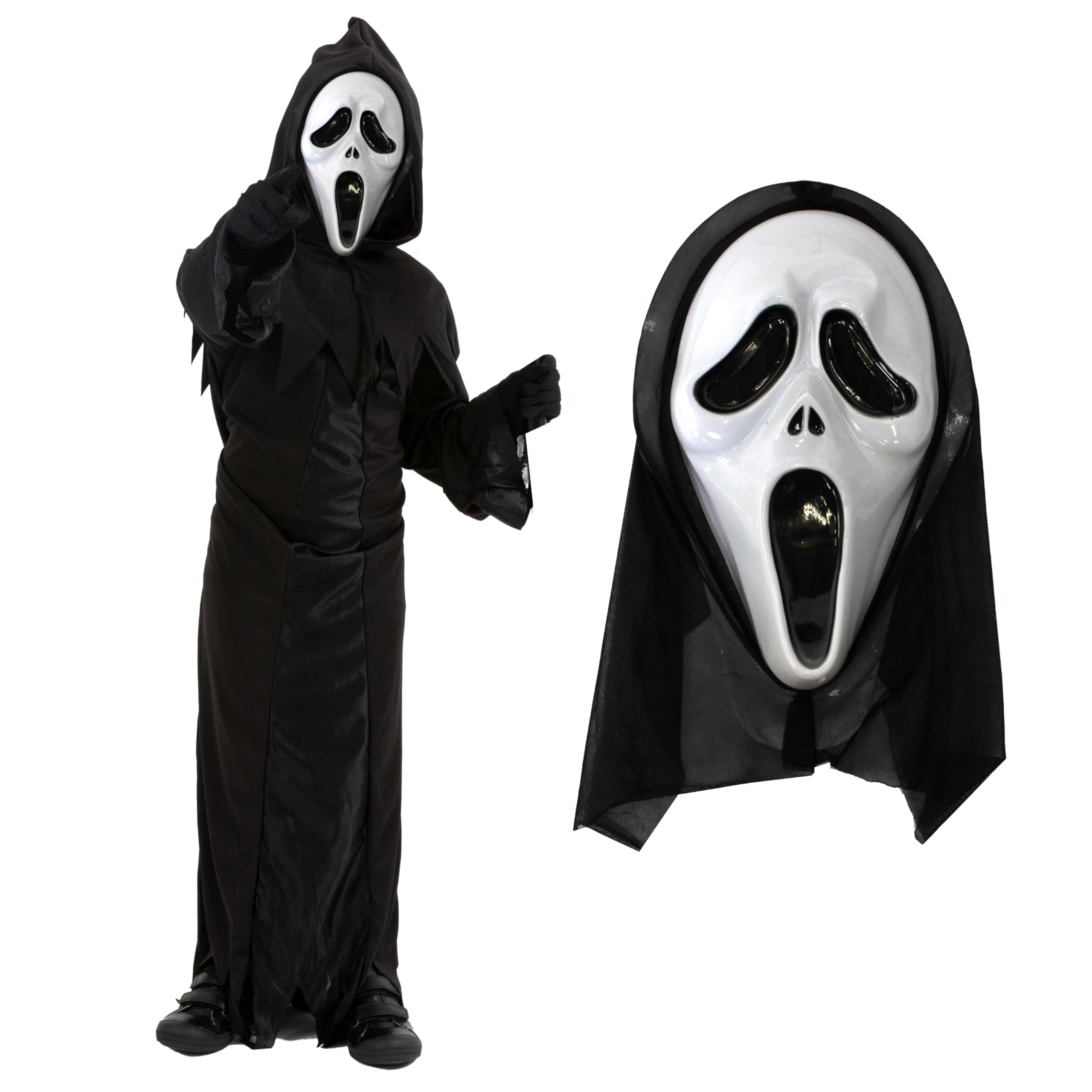 Kids Screamerer Costume - Black Hooded Robe with Screamer Mask - Childs Halloween TV Film Fancy Dress Costume