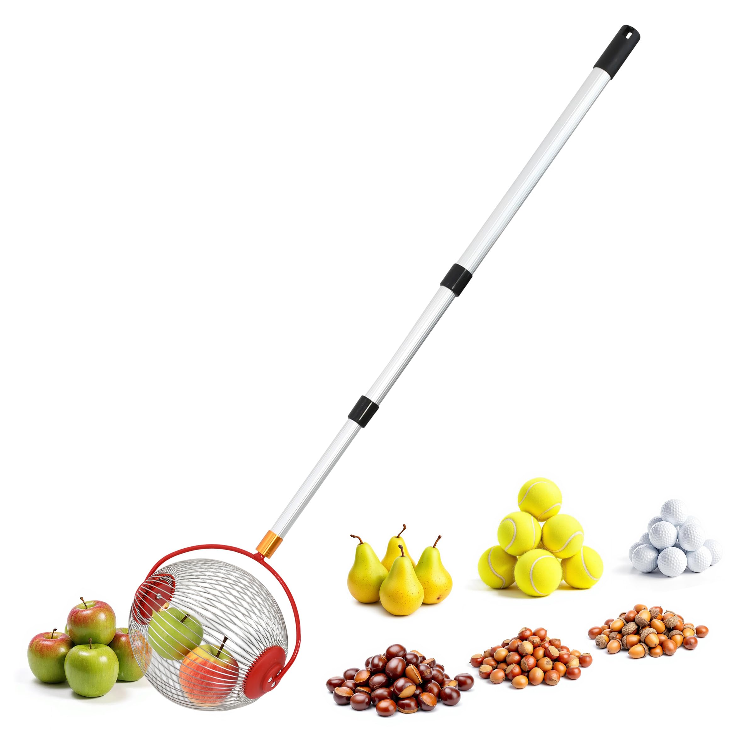 Spetebo Rollsammler für Früchte und Nüsse mit Alu Teleskopstiel - ausziehbar bis 120 cm - Obstsammler mit rundem Erntekorb und Teleskopstange - Kugelpflücker Erntehelfer für Äpfel Birnen Obst