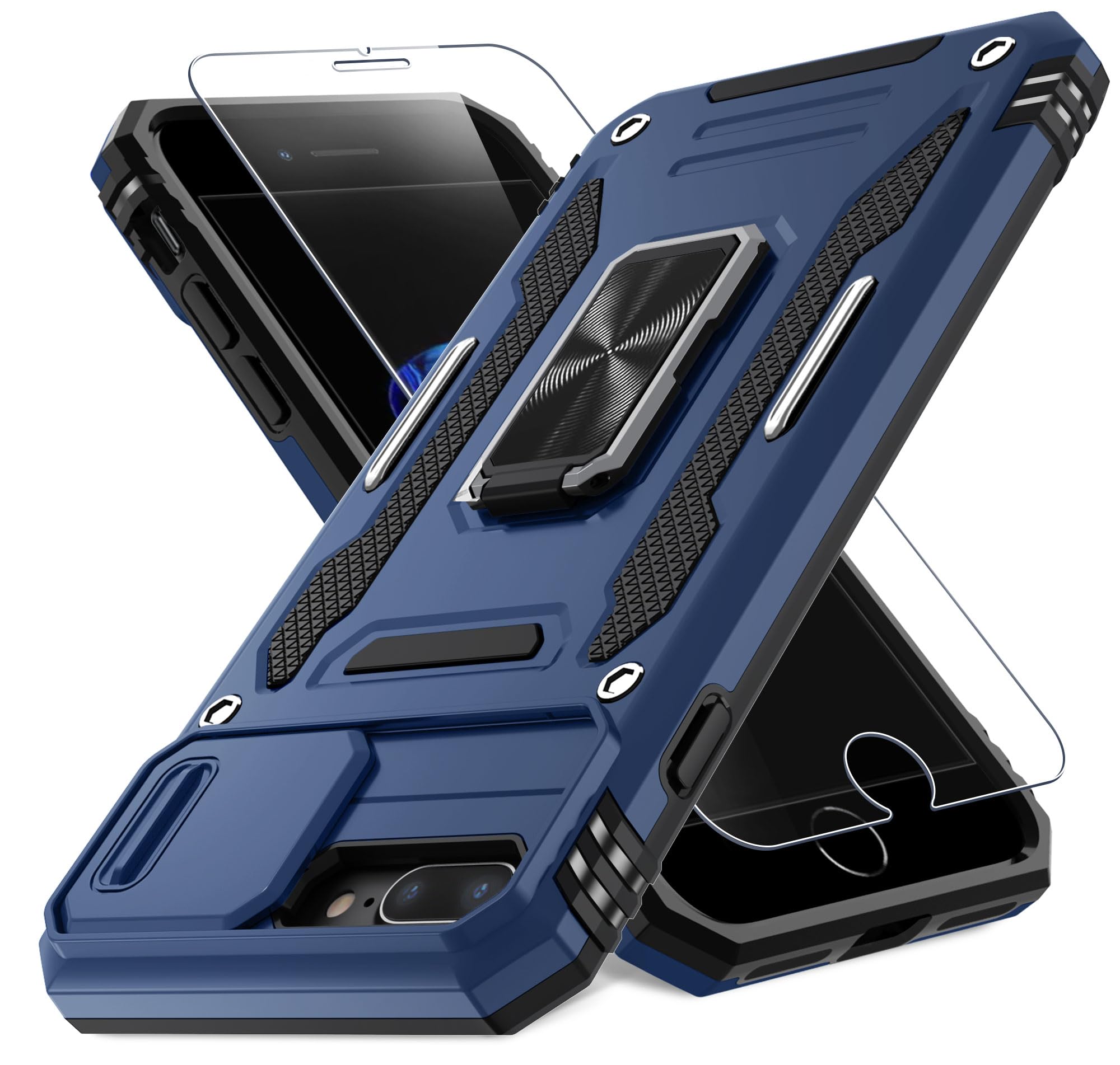 DEERLAMN Case for iPhone 7 Plus/8 Plus Case with Slide Camera Cover+Screen Protector(1 Pack), Rotated Ring Kickstand Military Grade Shockproof