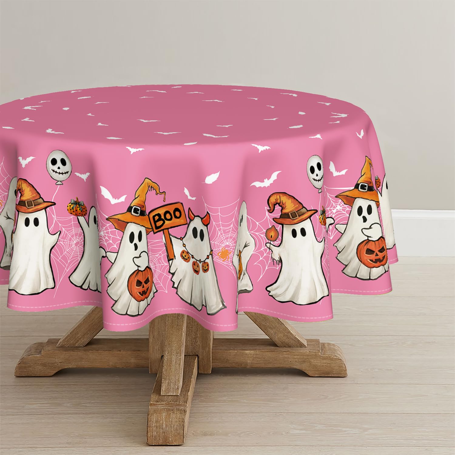 Horaldaily Halloween Tablecloth 90×90 Inch Round, Pink Bat Ghost Pumpkin Spider Cobweb Washable Seasonal Table Cover for Party Picnic Dinner Decor