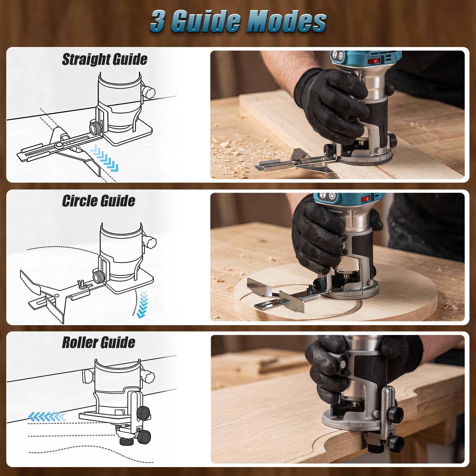 Yofuly Akku Oberfräse Kompatibel mit Makita 18V Akku, 800W Bürstenloser Akku-Kantenfräse Einhandfräse Set, 6 Geschwindigkeit 28000RPM, Aluminum Holzfräser für Holz (Ohne Batterien)