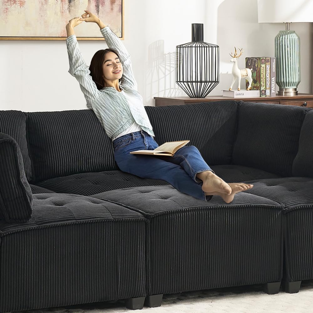 Sofá modular ergonómico de 6 plazas de 308 cm, sofá esquinero moderno con bolsillos de almacenamiento, flexible como sofá en U/en L/cama, tejido de pana para salón o apartamento, color negro