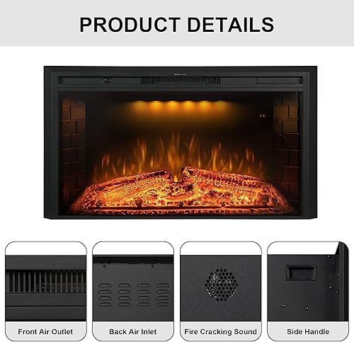 Miniatura 6 de Benrocks Insertos de chimenea eléctrica de 43 pulgadas, calentador eléctrico de pared empotrado y construido con sonido crepitante de fuego, luz
