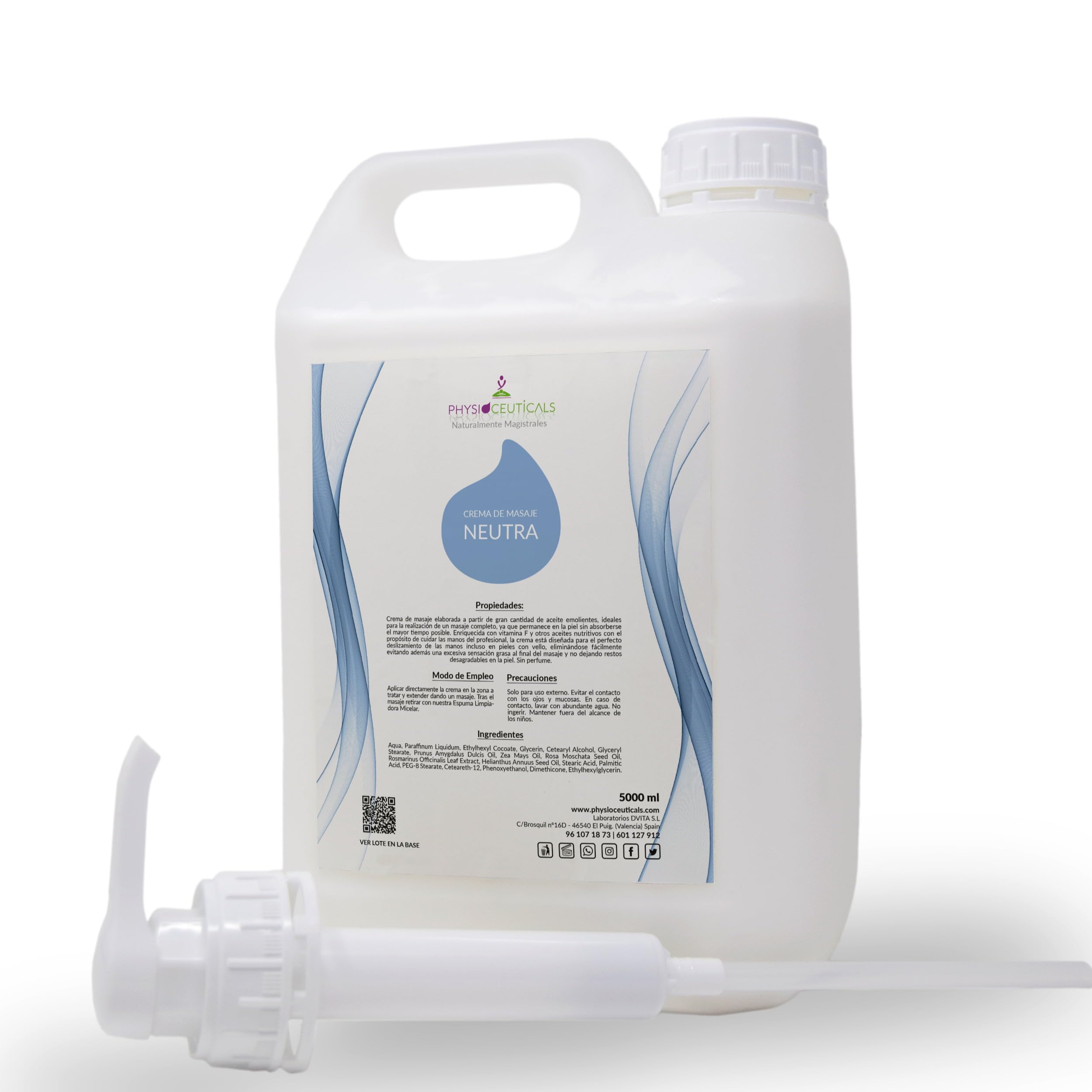 Crema Masaje Neutra Profesional 5000ml + Dosificador - Base sin Perfume con Vitamina F - Ideal Fisioterapia, Quiromasaje y Especialistas