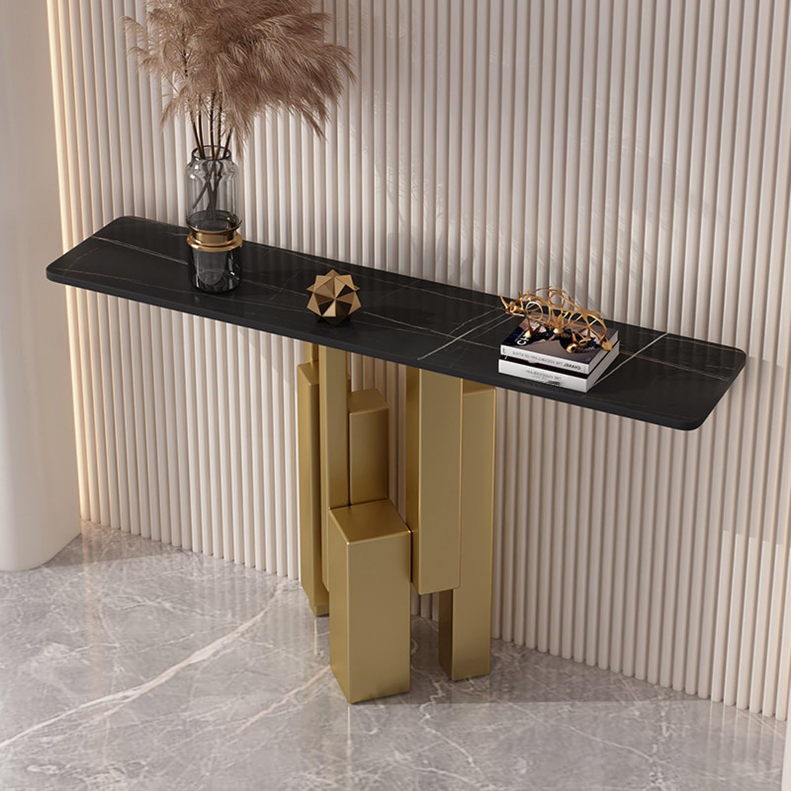 MESCXTY Sintered Stone Console Table, Decorative Entryway Sofa Table with Staggered Column Metal Frame Contemporary,Creative Alloy Leg,for Living Room, Hallway, Foyer(Black+Gold,59in)