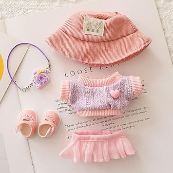 Clothes for Labubu Sweater Clothes Accessories(No Doll Only Clothes), Stylish Outfit Suitable for 6.69inch (17cm) Doll Soft Clothing Replacement (Pink+hat+Mini Pendant+Shoes)