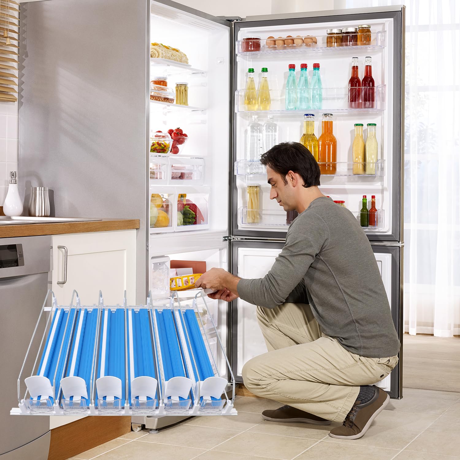 Organizador De Bebidas Para FrigoríFico, Dispensador De Latas De Refresco De 18,9 X 15,0 X 3,1 Pulgadas Para FrigoríFico, Dispensador De Bebidas Con Deslizador AutomáTico (Azul)