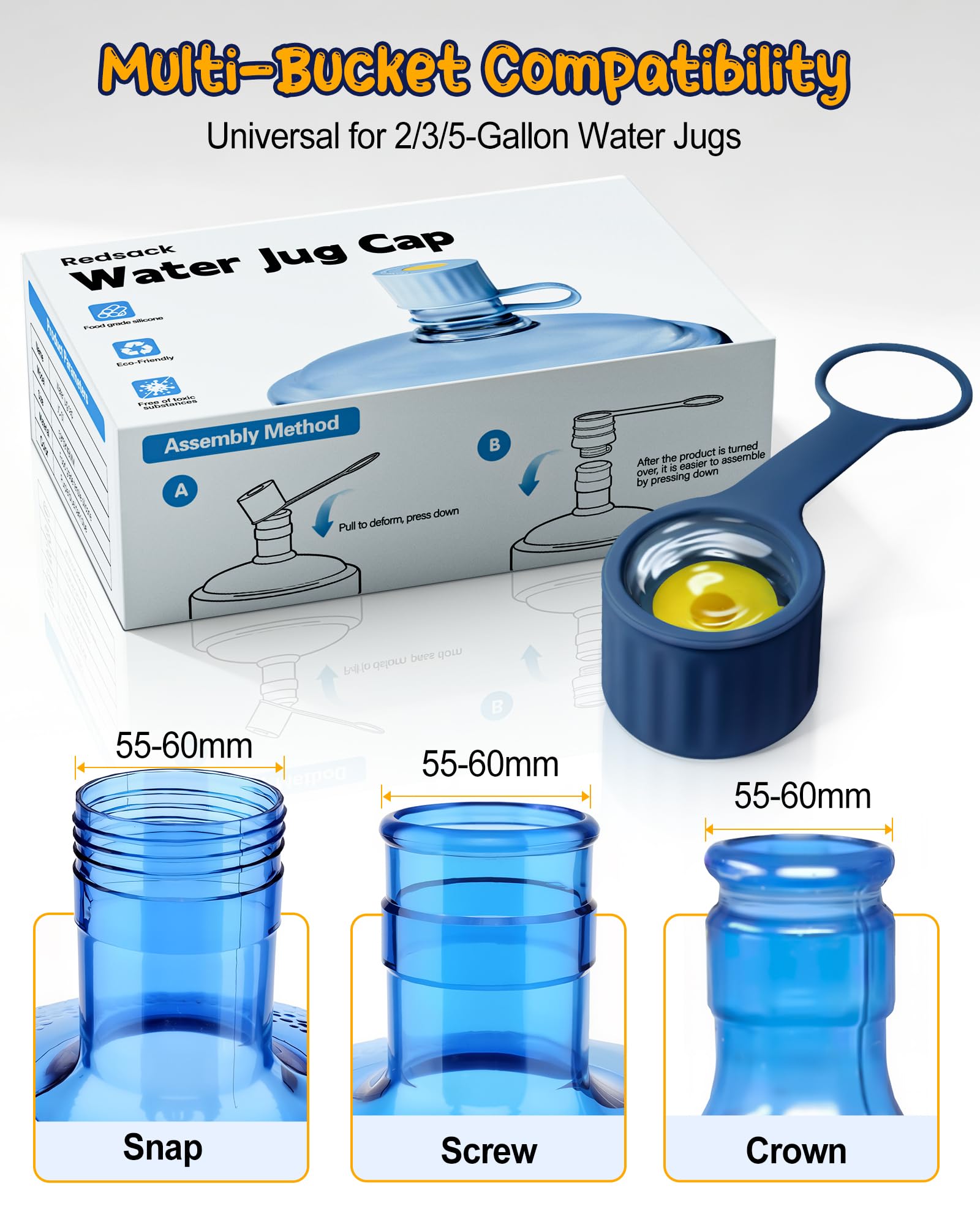 Silikon-Wasserkrugkappen, auslaufsicherer Ersatzdeckel für 55 mm und 60 mm Flaschenverschluss, Standard-/Schraub-/Kronendeckel, spülmaschinenfest und BPA-frei (Dunkelblau, 6 Packungen)