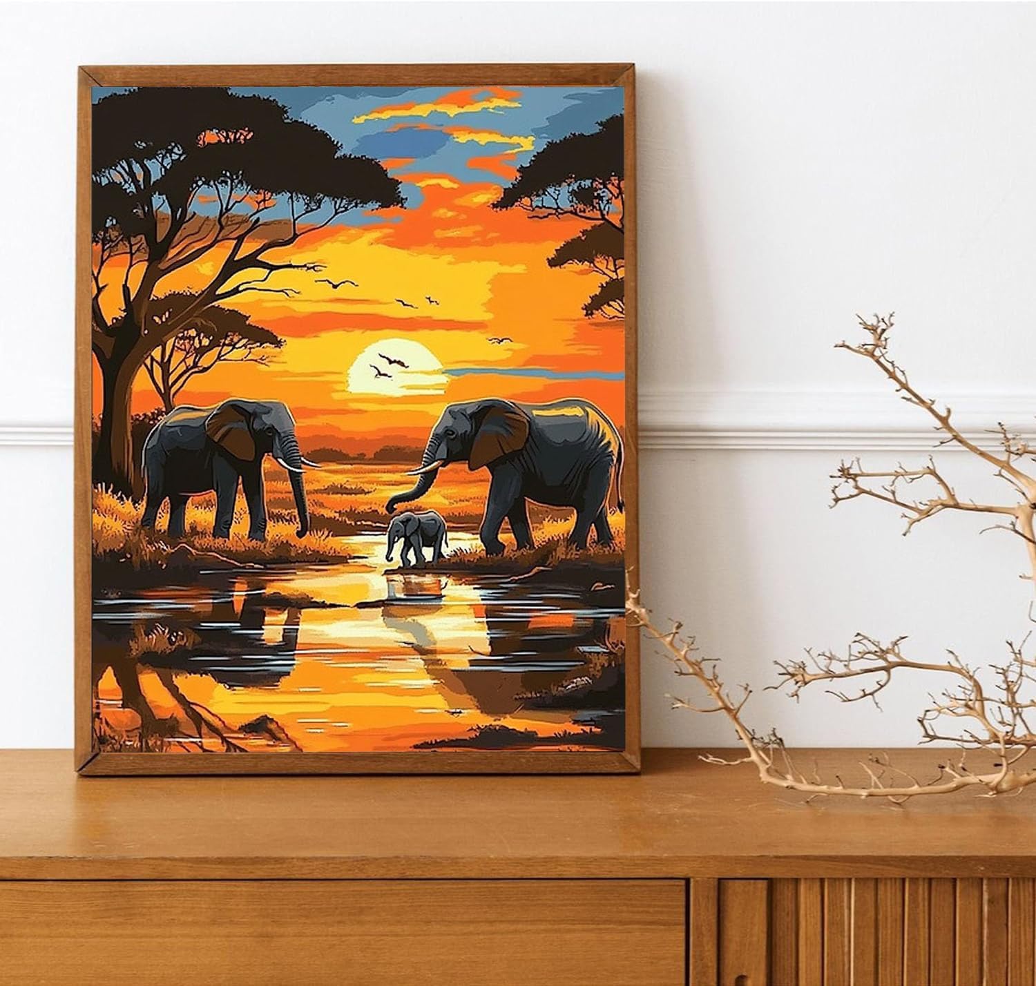 MSTINGSHUN A Family of Elephants in The Forest Paint by Numbers for Adults Beginners Orange Sunset DIY Acrylic Painting Kits on Canvas Strong Colors Oil Paintwork for Home Decor 16x20inch(with Frame)