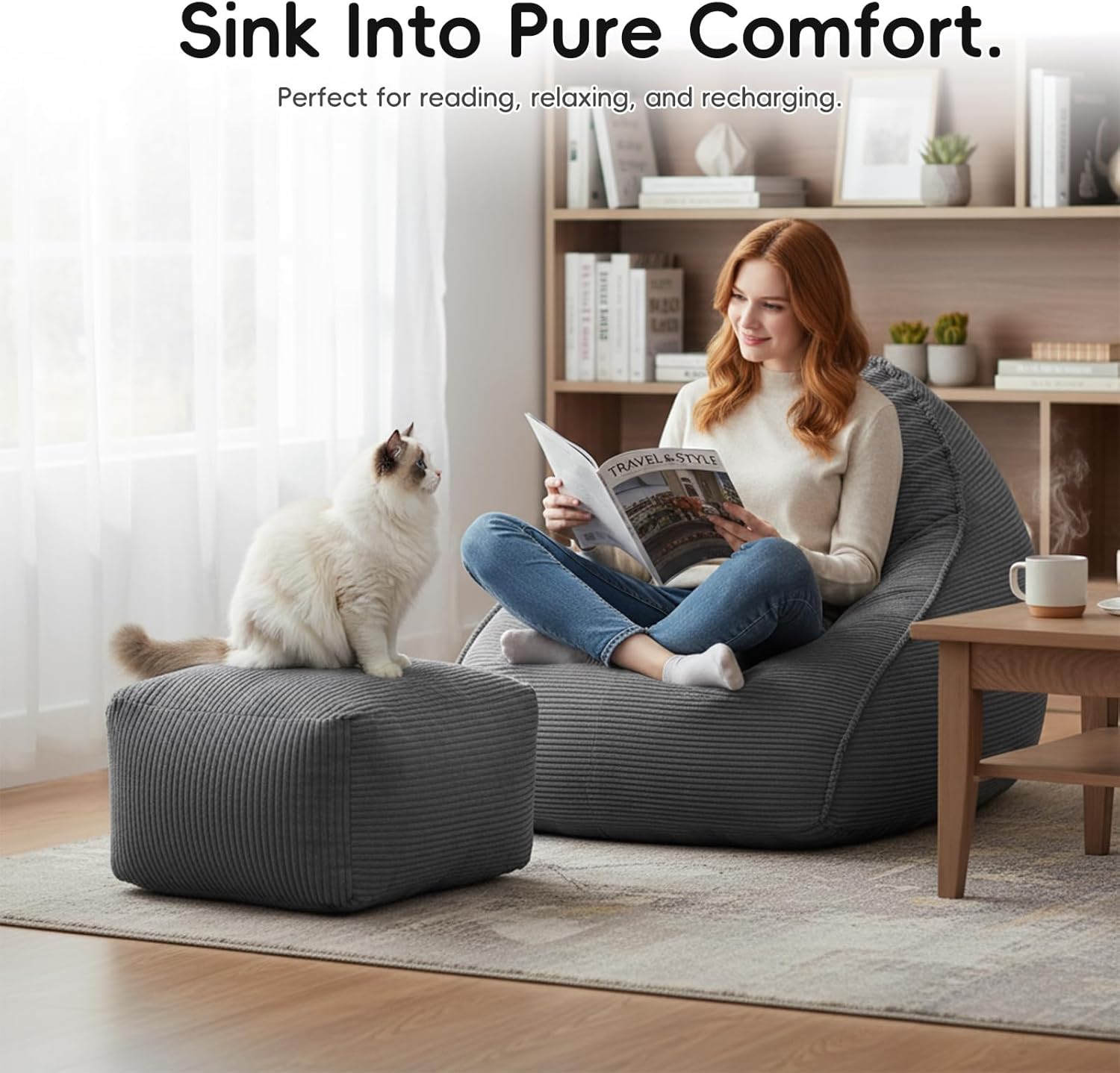 Bean Bag Chair with Ottoman for Adults, Large Corduroy Bean Bag Couch, Boneless Chaise Lounge Reading Chair with High-Resilience Foam, Floor Lounger for Bedroom Living Room (Grey)