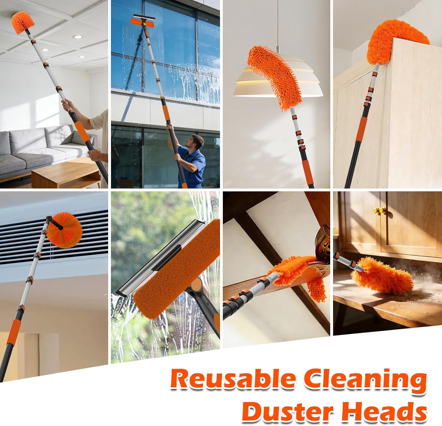 18FT Reach High Ceiling Duster Kits with 3-15FT Adjustable Pole - Includes Extra Long Duster, High Ceiling Duster, Rotatable Window Squeegee & Cobweb Duster for Ceiling Fans and Whole House Cleaning