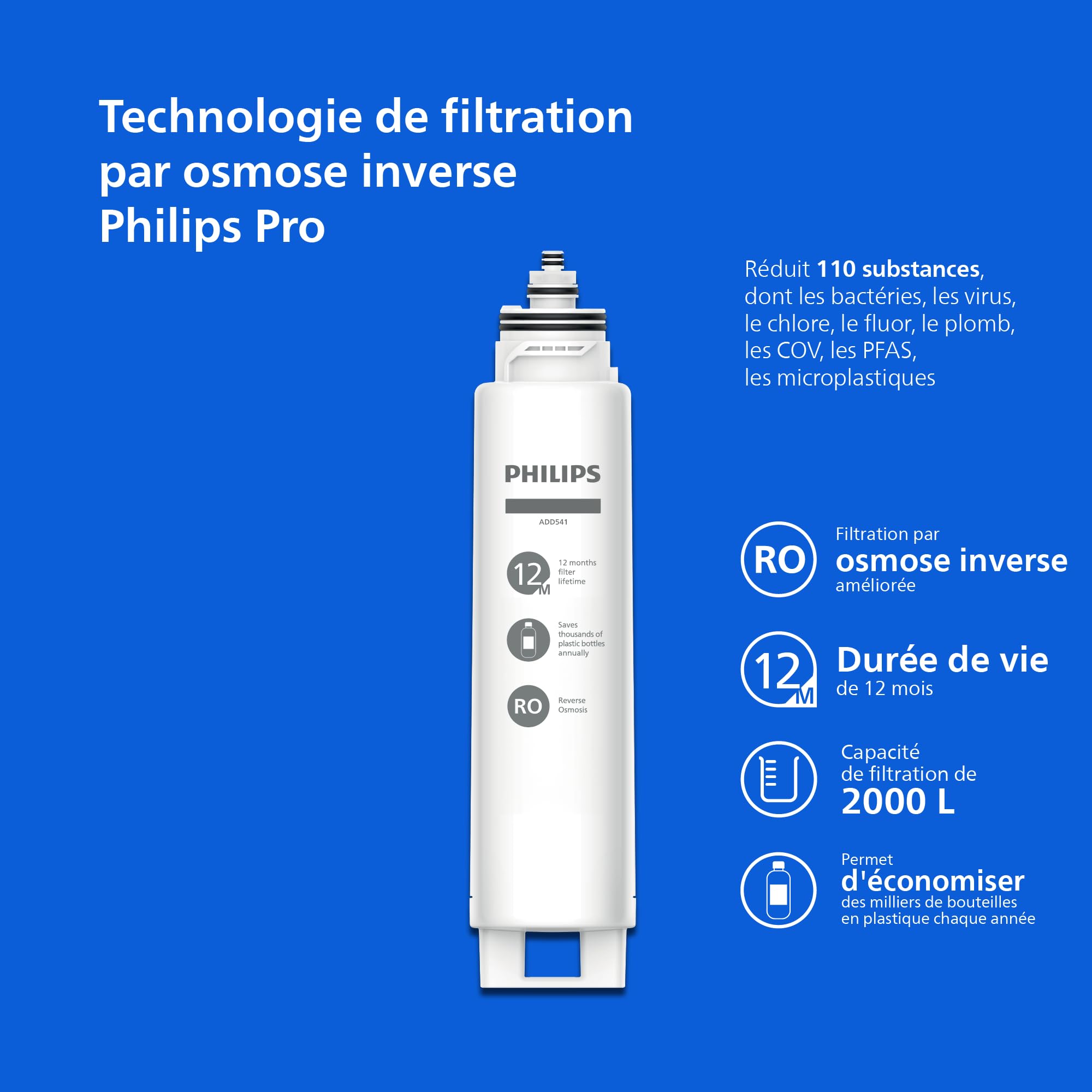 Philips Water Distributeur d’eau à osmose inverse 6100: eau chaude/froide filtrée en secondes, RO 6-en-1 préservant les minéraux, >110 contaminants réduits, ratio 3:1, UV-C, sans installation, 2000 L