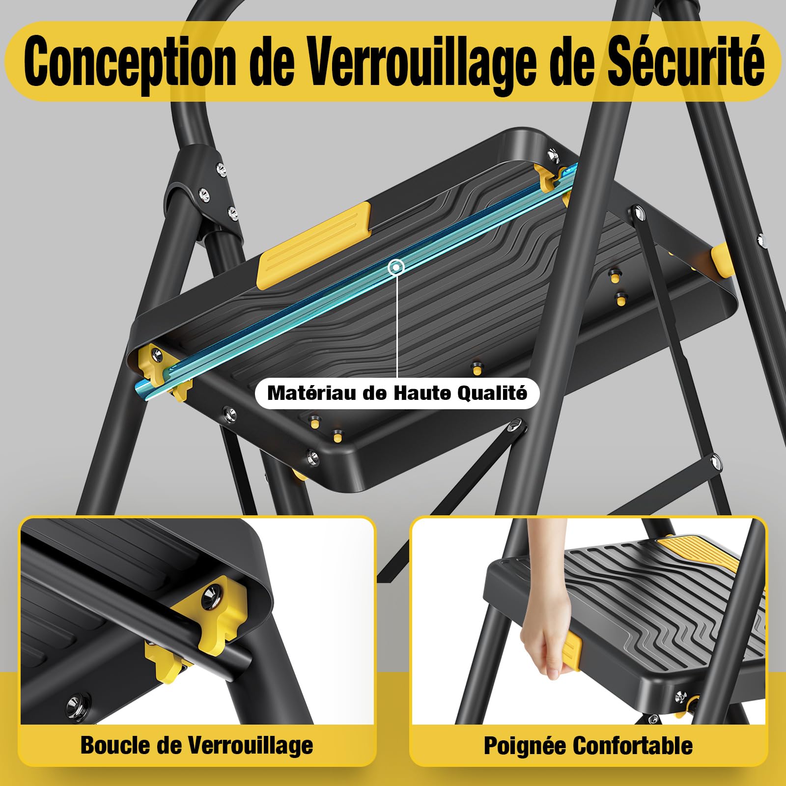 URACKIFY Escabeau 2 marches Pliable 150kg Charge maximale,Echelle Verrouillage, pédales Larges accoudoirs escabeau escamotable légères pour la Maison, Cuisine, Placard et Bureau,Noir