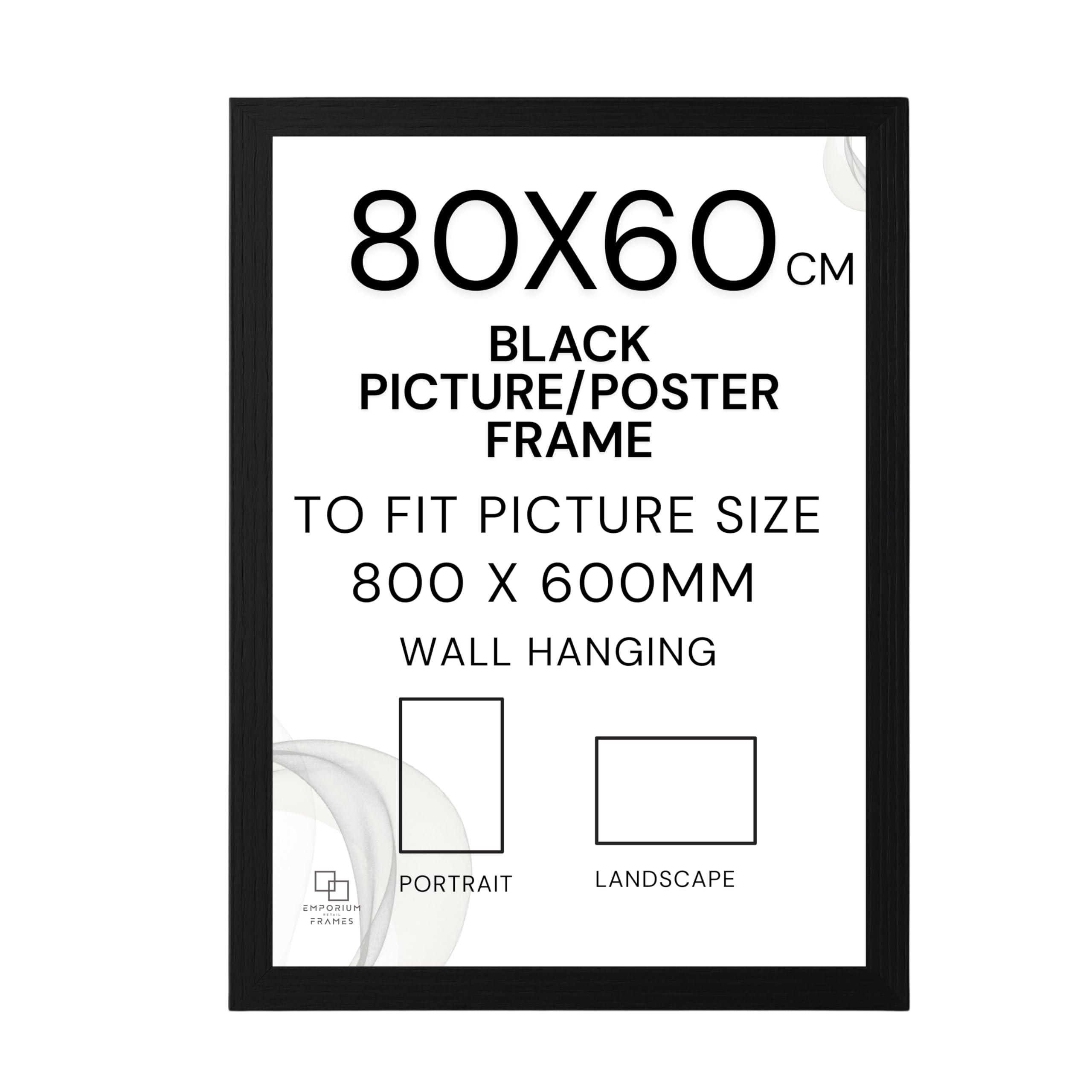 Emporium Retail Frames Black 80X60cm Picture Frame - 800X600mm Poster Frame Wood, Styrene Acrylic Glass, Mdf Back & Hooks - Portrait Or Landscape Ideal For Gallery Wall Decorations