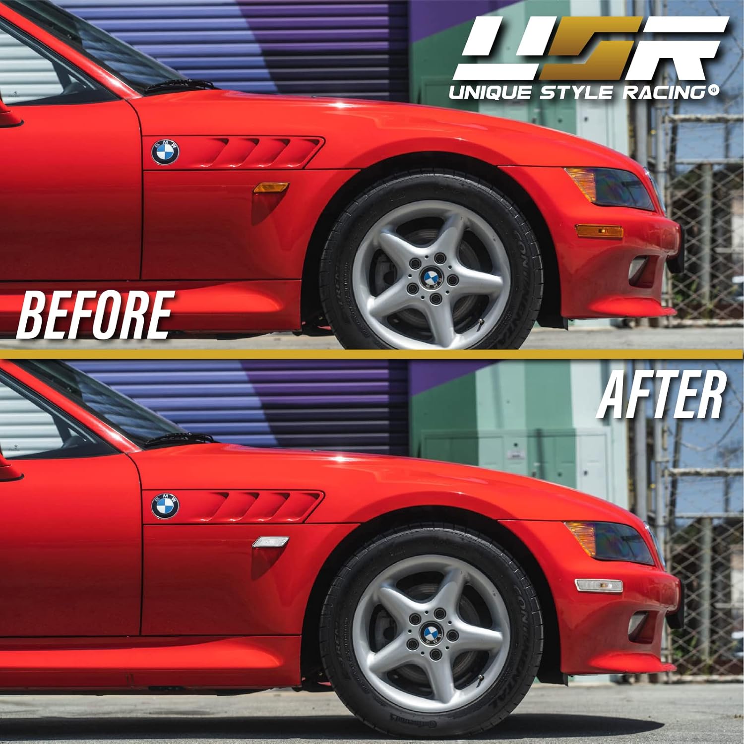 USR Z3 Side Marker Lights - COMBO Euro Clear Lens Front Bumper Sidemarkers + Fender Sidemarker Lamps Set Compatible with 1996-2002 BMW Z3 / M Roadster/M Coupe (4 Pieces w/ 2 Bulbs + Socket Included)