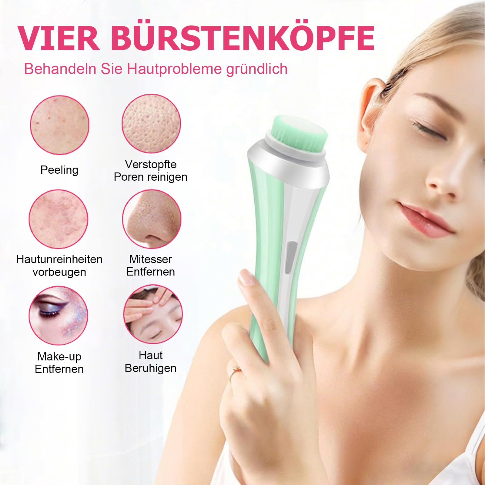 Cepillo eléctrico de limpieza facial 4 en 1, cabezales intercambiables para exfoliación, limpieza, masaje, 2 velocidades, IPX4 a prueba de salpicaduras, recargable con base, para todo tipo de piel