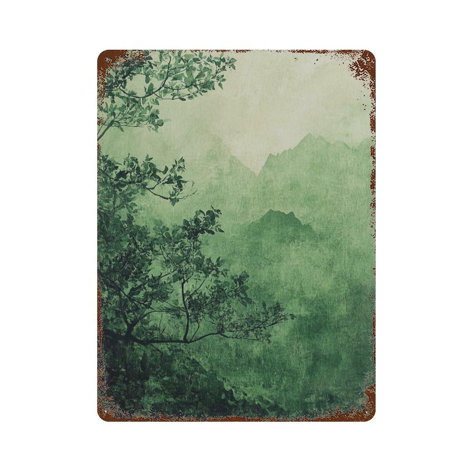 xiaoxiaoshen Green Mountain Landscape Tranquil Nature Misty Mountains And Trees Abstract Peac Wall Decor Art Metal Tin Poster Modern Home Decor Art Home Bar Shop Decorations Vintage Sign 40x30cm