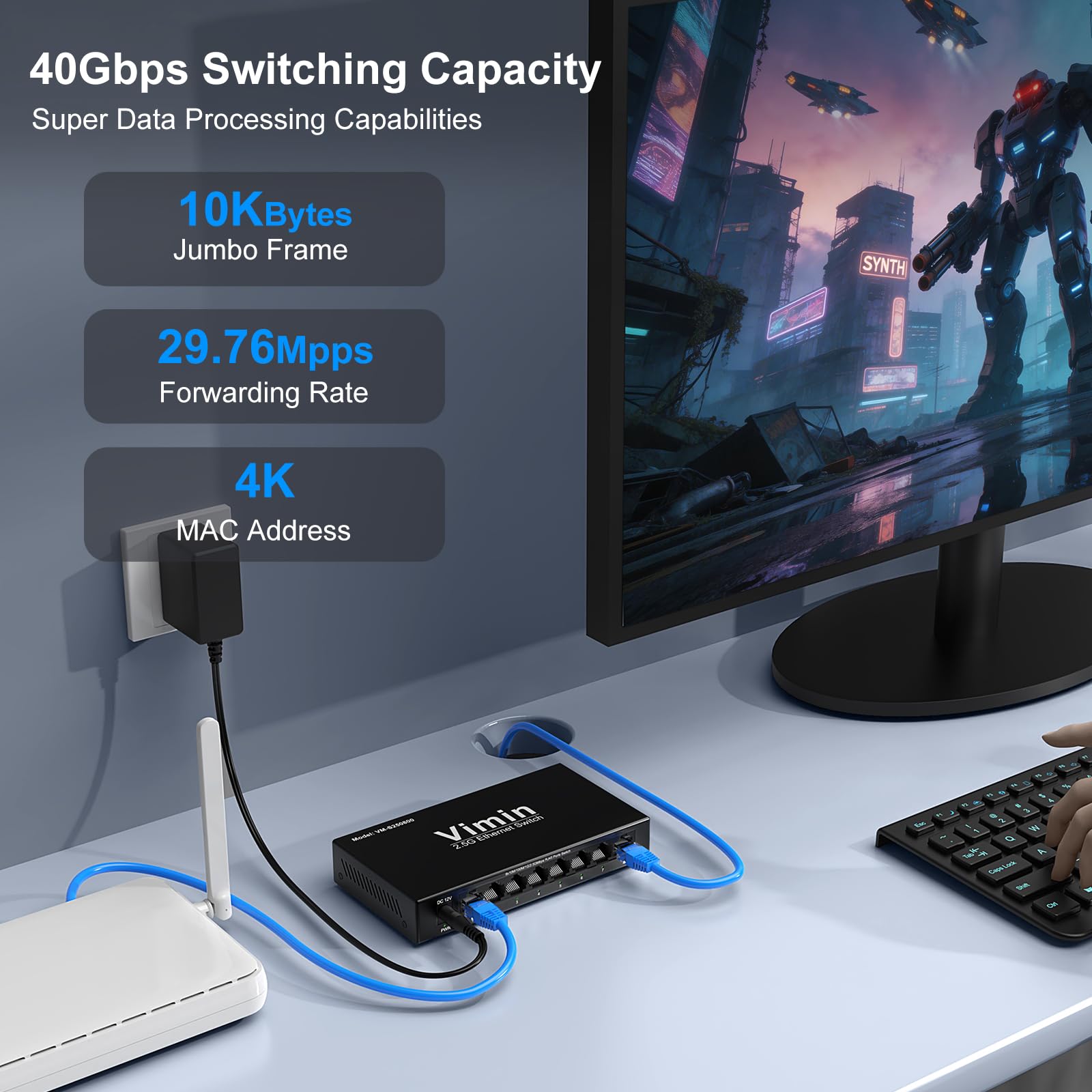 2,5G Switch Unmanaged mit 8 Ports, VIMIN 8x2,5G RJ45 Anschlüsse Switch, Plug&Play 2,5G Ethernet Switch, Metallgehäuse, für Tisch- oder Wandmontage, für Heim und Büronetzwerke