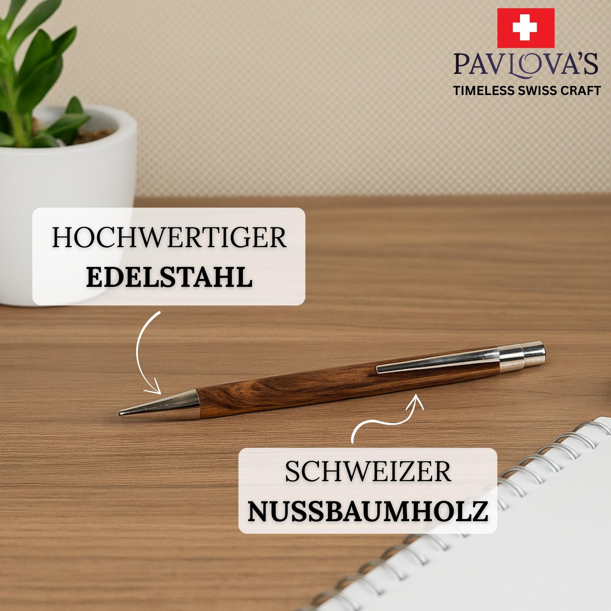 PAVLOVA’S Schweizer Kugelschreiber aus Walnussholz & Edelstahl – Sanftes Schreibgefühl – Ergonomisches Design – Schwarzer Mine & Blauer – 10 Jahre Garantie – 10 Jahre Garantie – Limitierte Edition