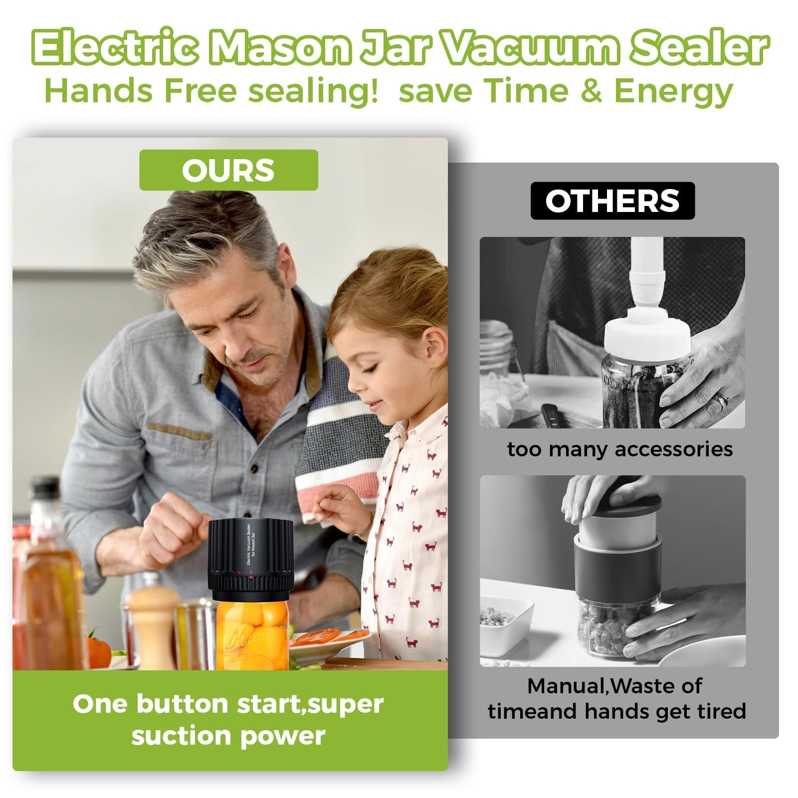 Domigard Macchina Sottovuoto Alimenti Barattolo di Vetro, Elctrtici Mason Jar Vacuum Sealer,10 Coperchi Inclusi, adatto Sigillare Alimenti in Vasetti (Nero)