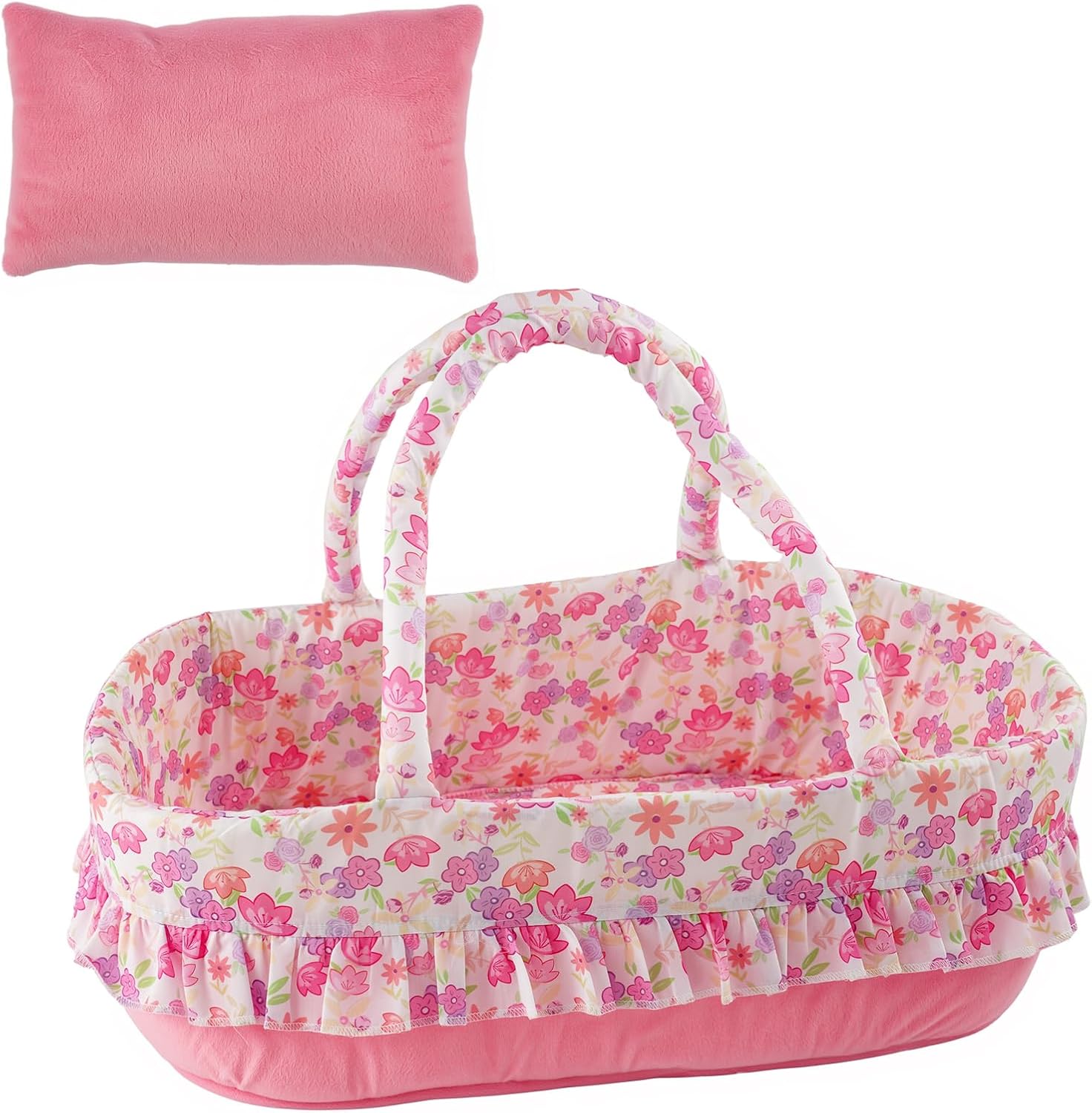 BABESIDE 2 Pcs Reborn Doll Accessories, Pink Floral Doll Carrier Foldable Doll Bed with Handle and Doll Pillow for 17-22 Inch Lifelike Dolls(Dolls not Included)