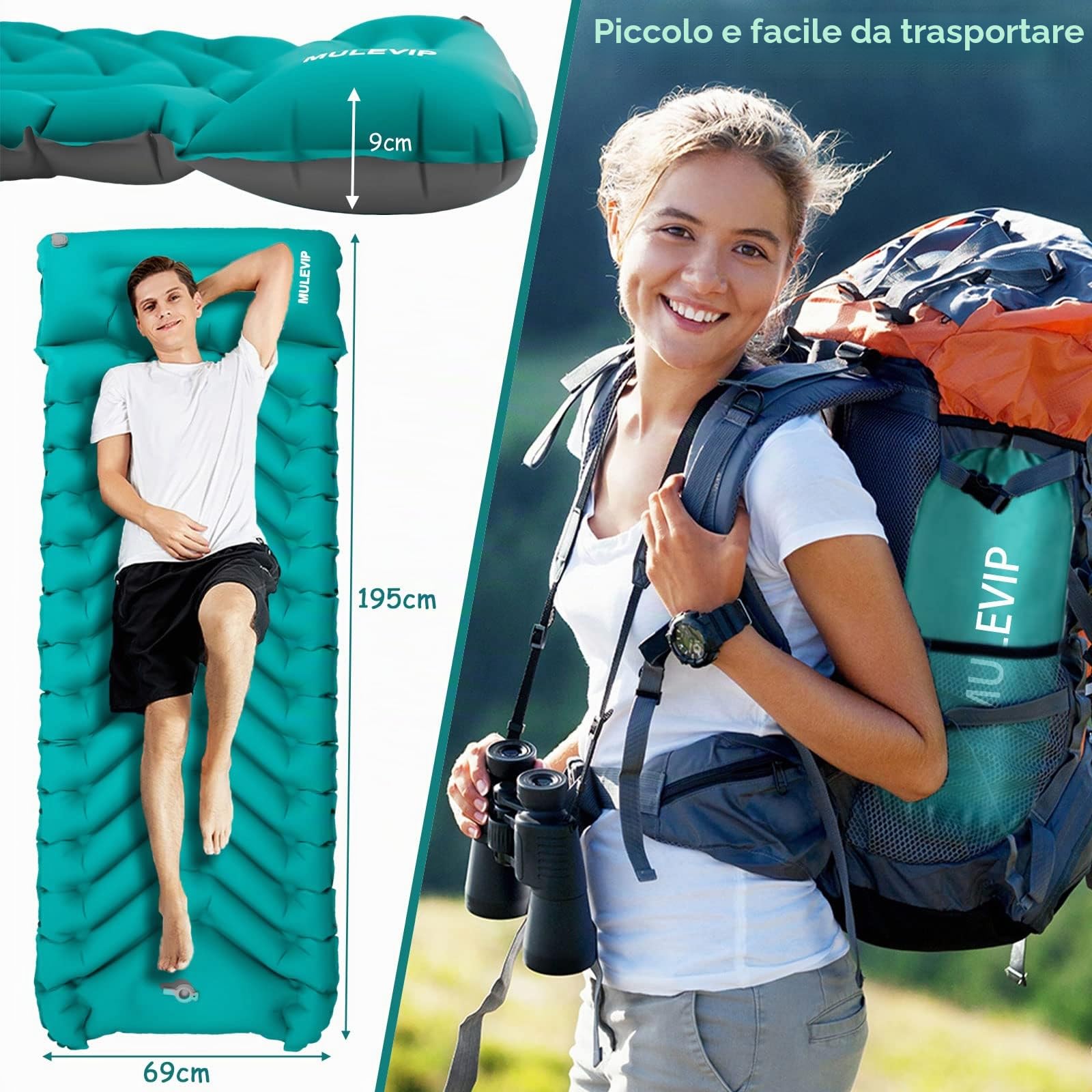Materassino Campeggio Autogonfiabile, Materassino Gonfiabile Impermeabile, con Pompa Incorporata, 9cm Spessore per Backpacking,Viaggio,Campeggio,Spiaggia,All'aperto & Interno
