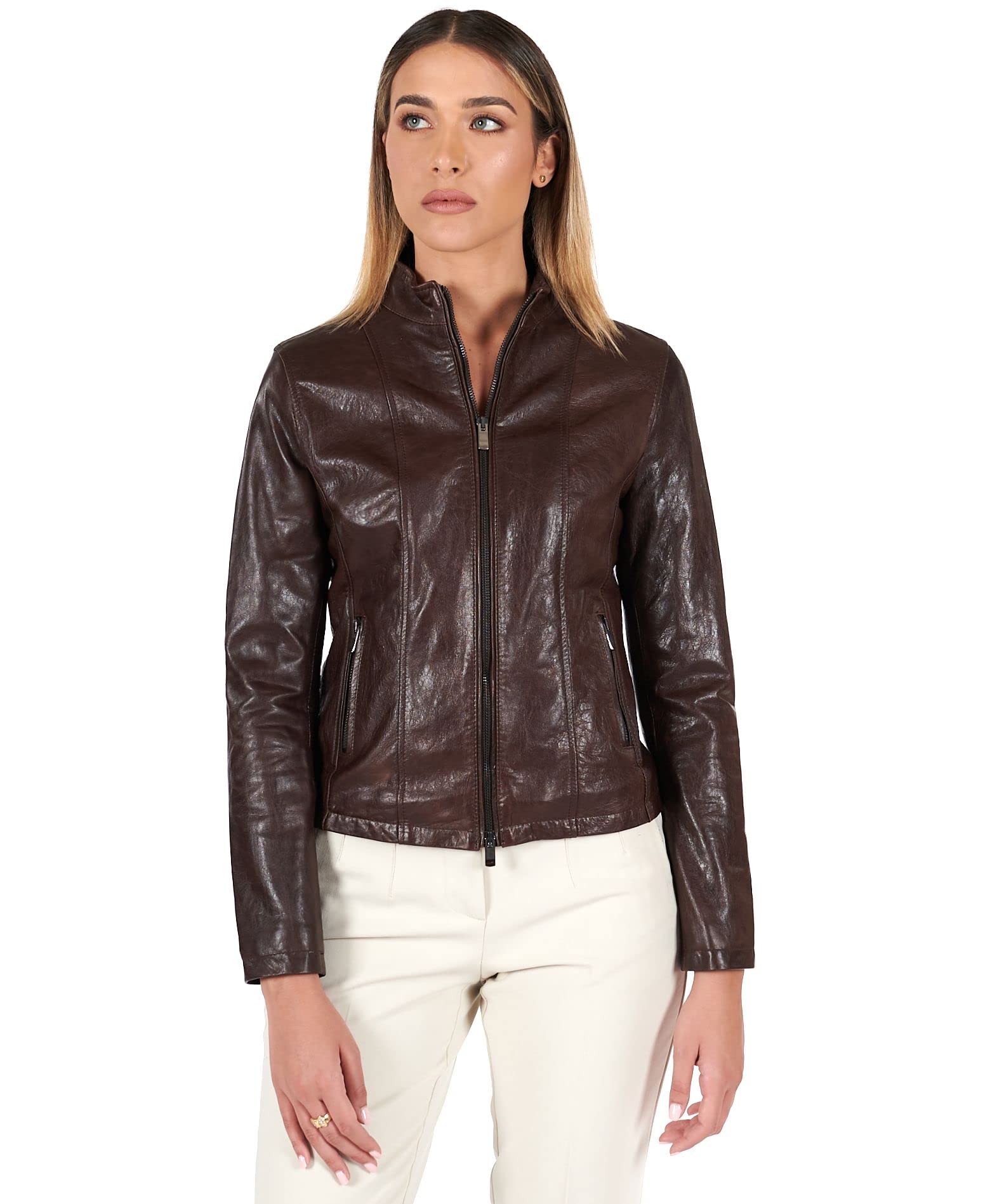 D'arienzo Women's Dark Brown Italian Genuine Leather Biker Jacket Vintage Jacket Genuine Leather Made In Italy Vale L